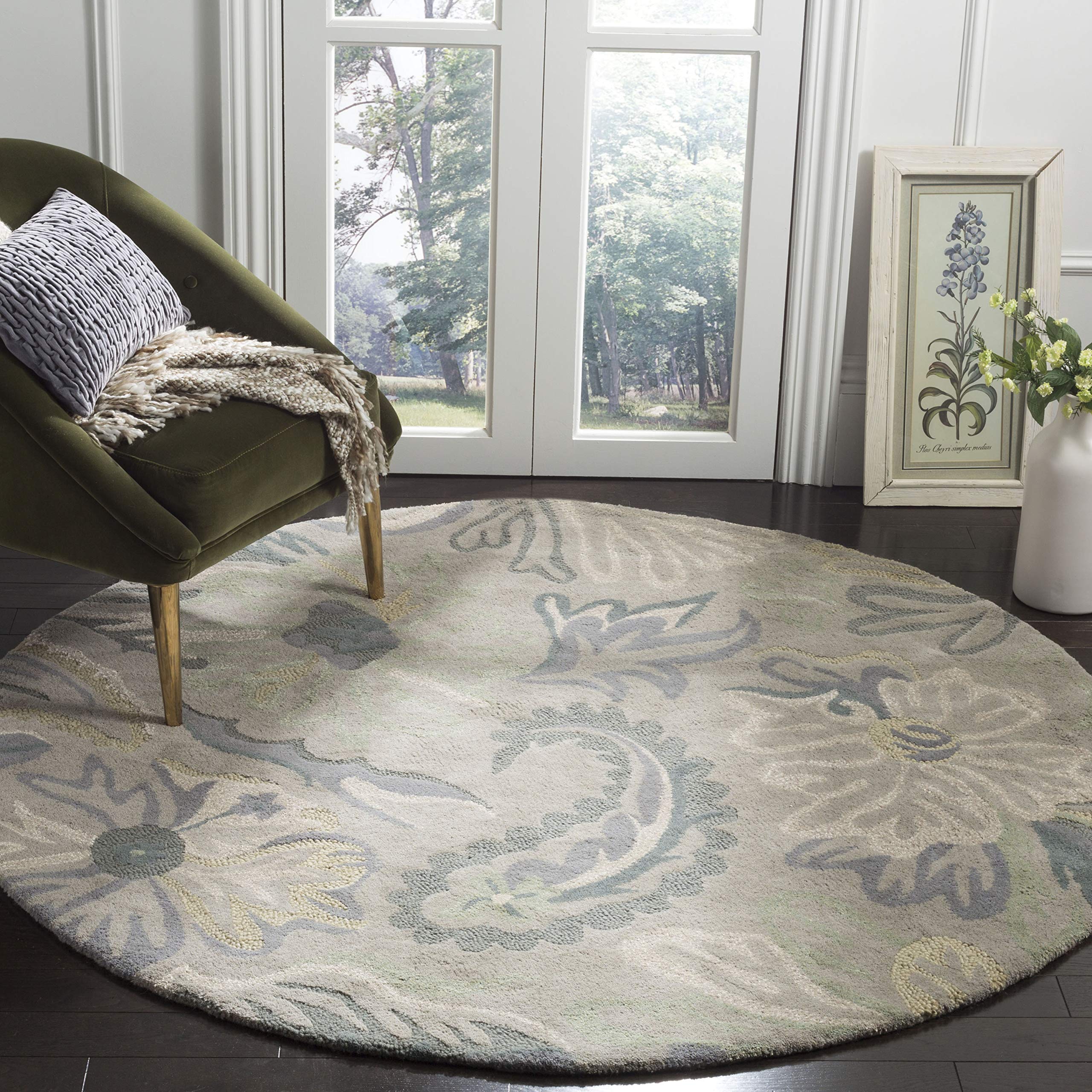 SAFAVIEH Jardin Collection 6' Round Grey/Dark Grey JAR463A Handmade Floral Premium Wool Area Rug - Perfect for Living Room, Bedroom & Home Decor