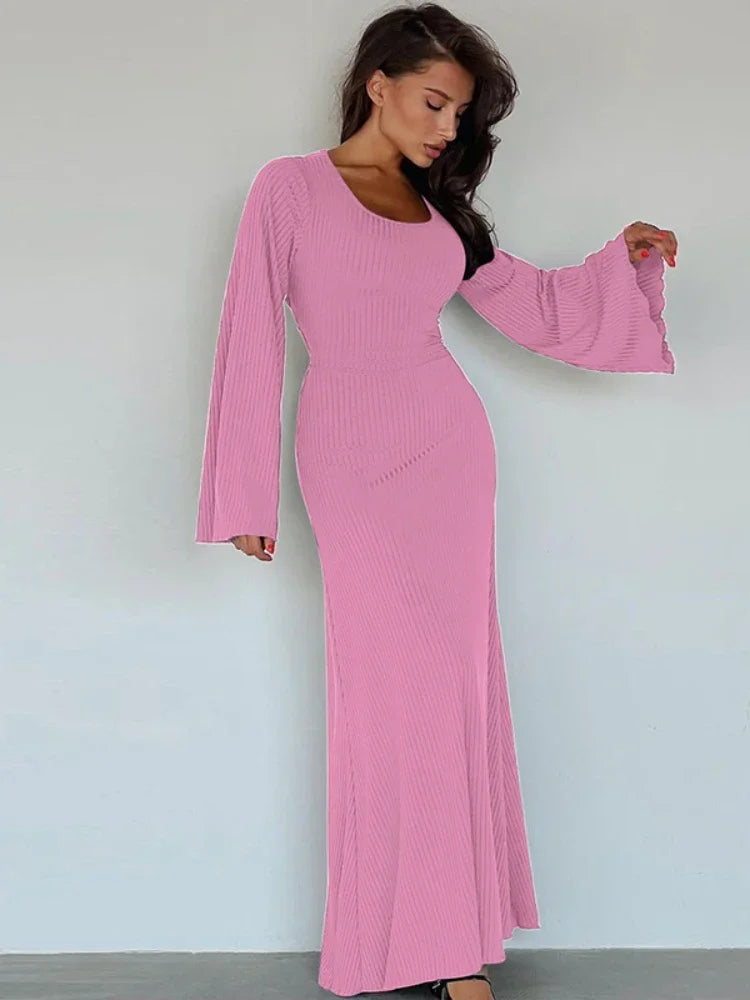Elegant Back Tie Flared Long Sleeve Rib Knit Maxi Dress for Women - Cozy Winter Fall Clothes - Perfect for Holiday Parties, Date Nights & Office Wear - Wholesale C70 DZ61