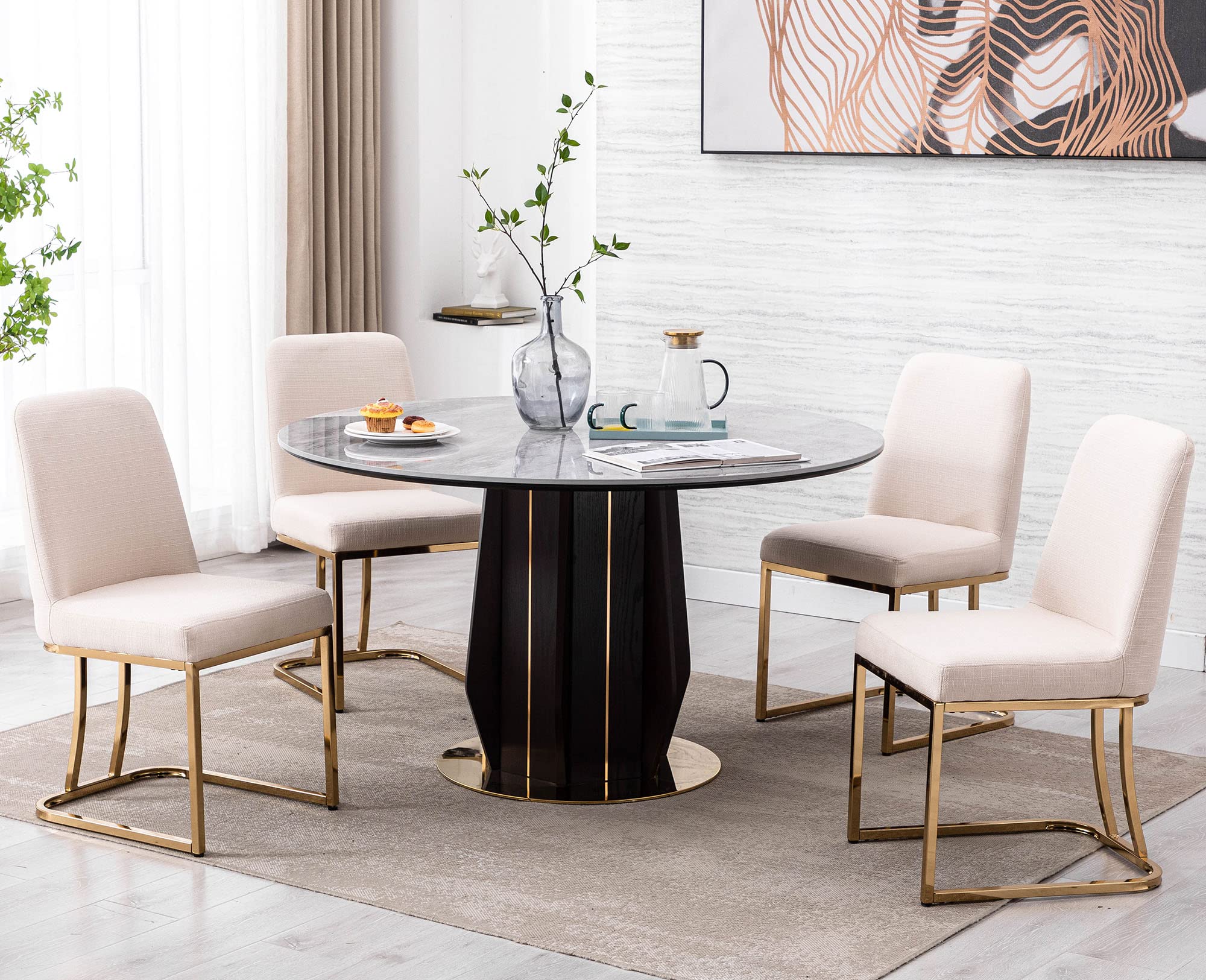 VESCASA Mid Century Modern Dining Chairs - Set of 4 Cream Linen Upholstered Chairs with Gold Metal Frame & Comfortable Back Support | Perfect for Dining Room, Kitchen, Restaurant & Home Decor | Durable & Stylish Seating Solution