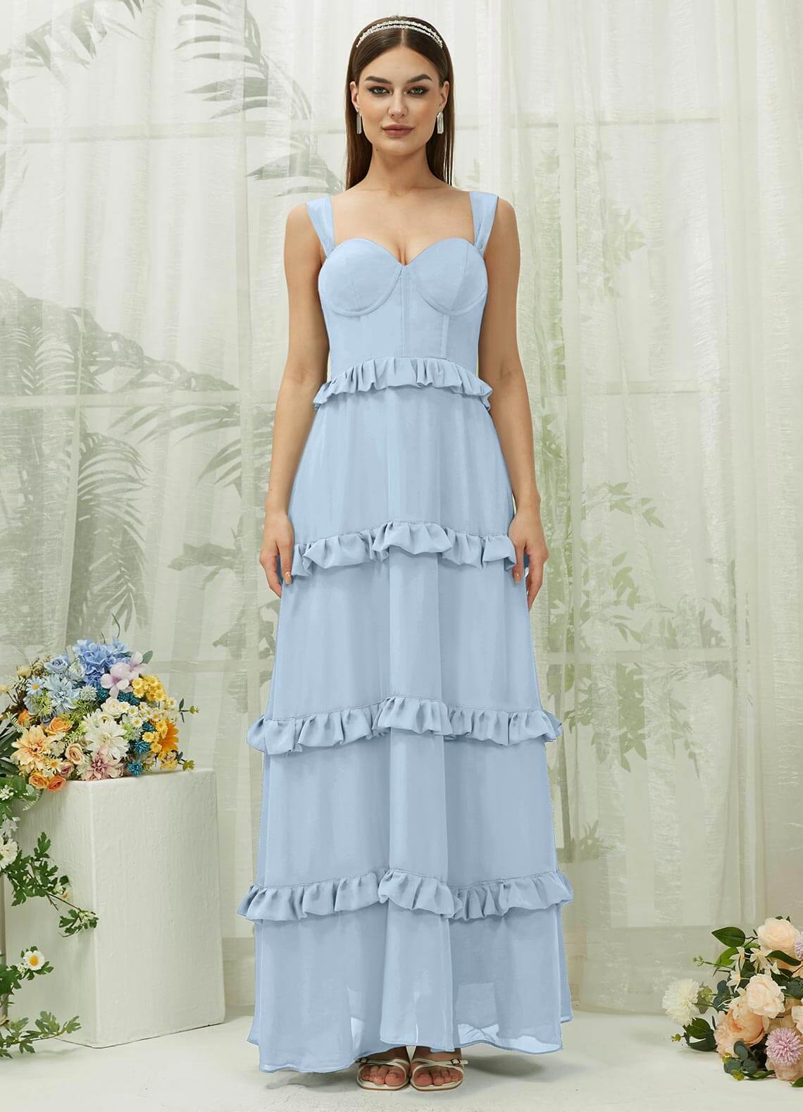 Cornflower Blue Chiffon Sweetheart Neckline Strapless Tiered Maxi Bridesmaid Dress for Wedding Party & Formal Occasions