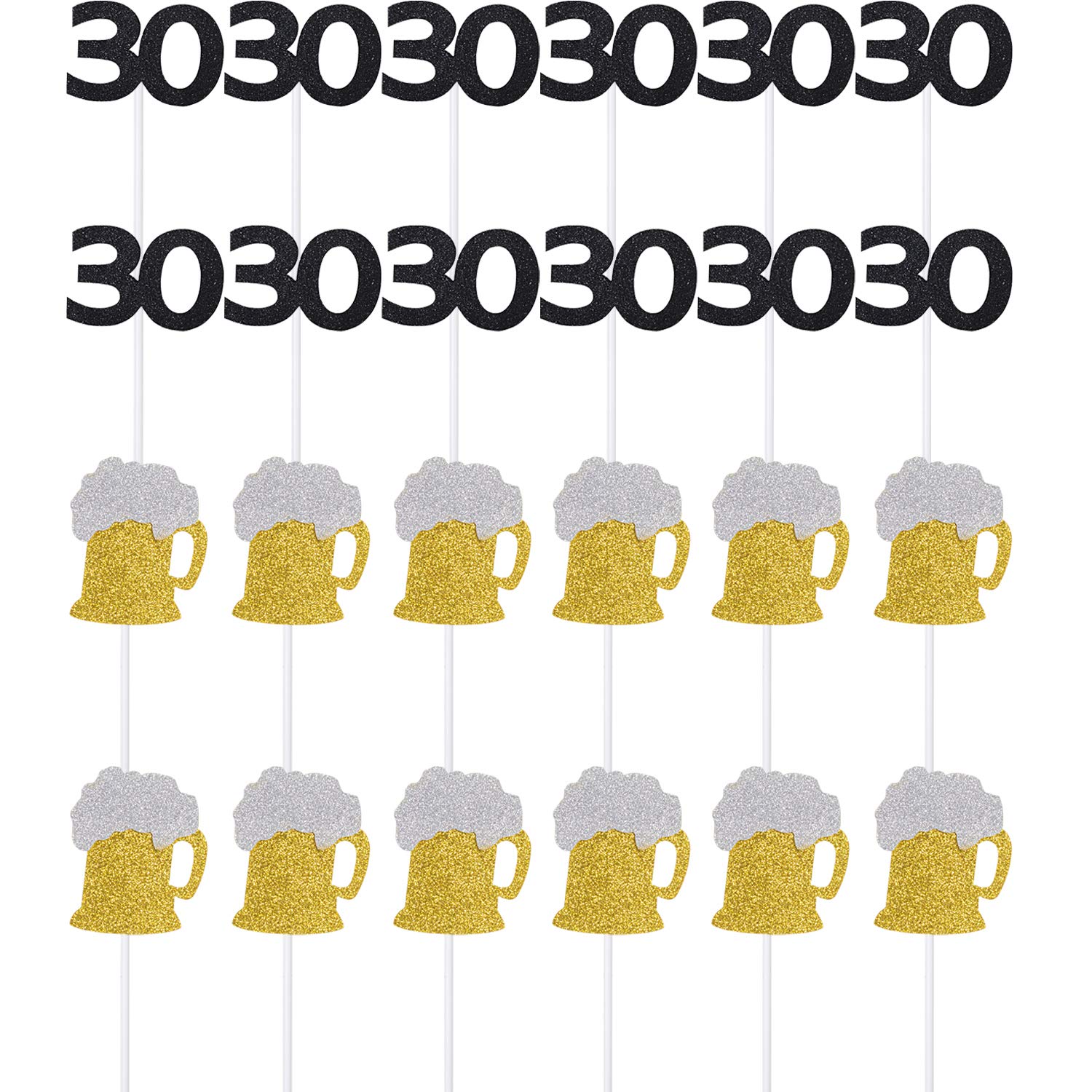 30th Birthday Cupcake Toppers Set - 12 Pack Beer Mug & 12 Pack Number 30 Toppers for Wedding Anniversary Party Decorations | Perfect for Birthday Cakes, Dessert Tables & Celebration Events