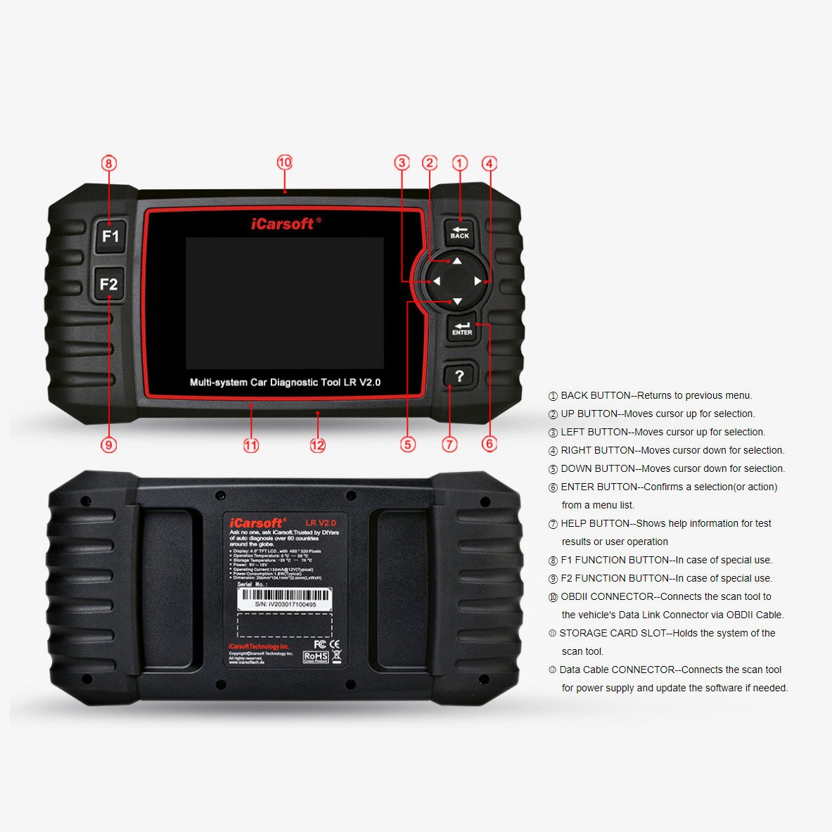 iCarsoft LR V2.0 Professional OBD2 Scanner - Land Rover & Jaguar Diagnostic Tool for ABS, SRS, Oil Reset - Works with Range Rover, Discovery, Evoque - Auto Repair & Maintenance Essential for DIY Mechanics & Shops