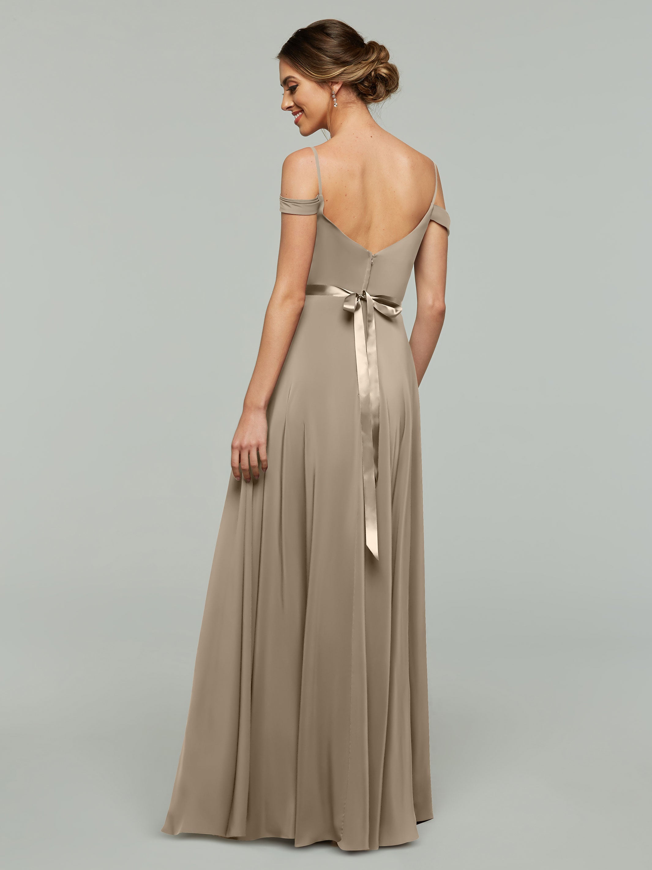 Elegant Off-The-Shoulder Stretch Chiffon A-Line Bridesmaid Dress with Sash - Perfect for Weddings, Formal Events & Special Occasions