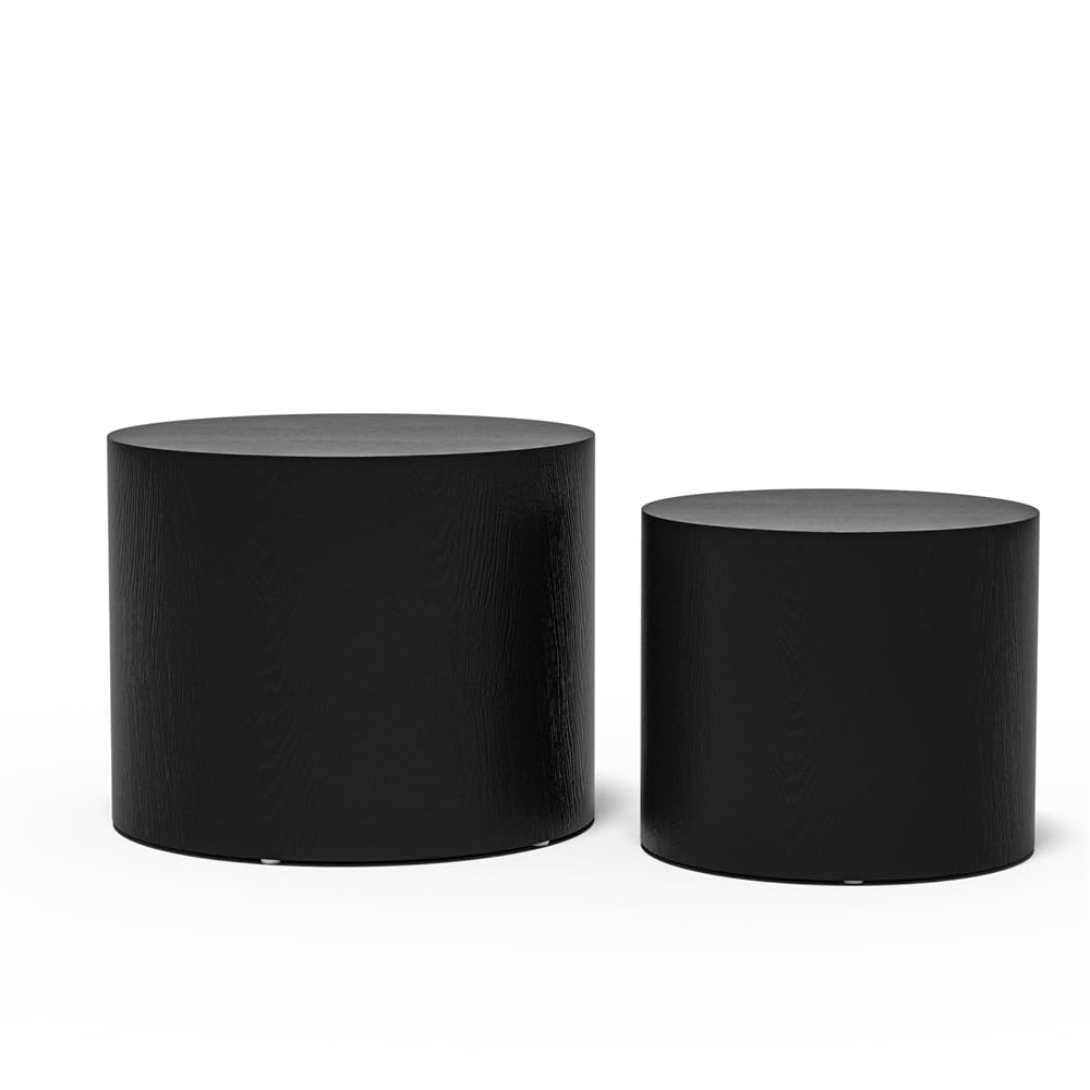 Modern Drum Nesting Coffee Table Set of 2 - Round MDF Side & End Tables for Living Room, Office, Bedroom - Space-Saving, No Assembly Required in Matte Black - Perfect for Small Spaces & Home Decor