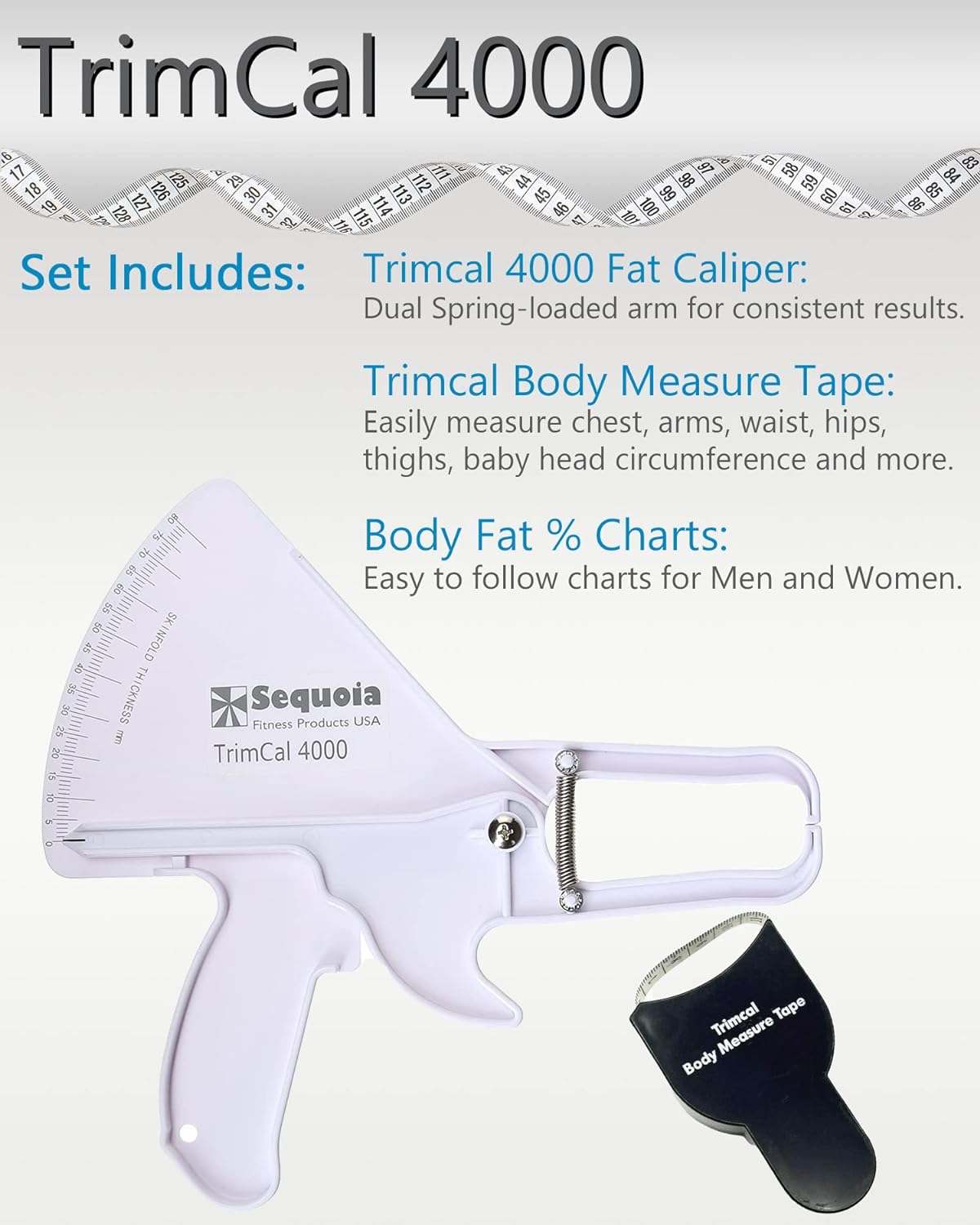 Trimcal 4000 Body Fat Caliper & Measuring Tape Kit - Accurate Skinfold Caliper for Body Fat Percentage, Weight Loss Tracking & Fitness Testing - Perfect for Home Gym, Personal Trainers & Health Enthusiasts