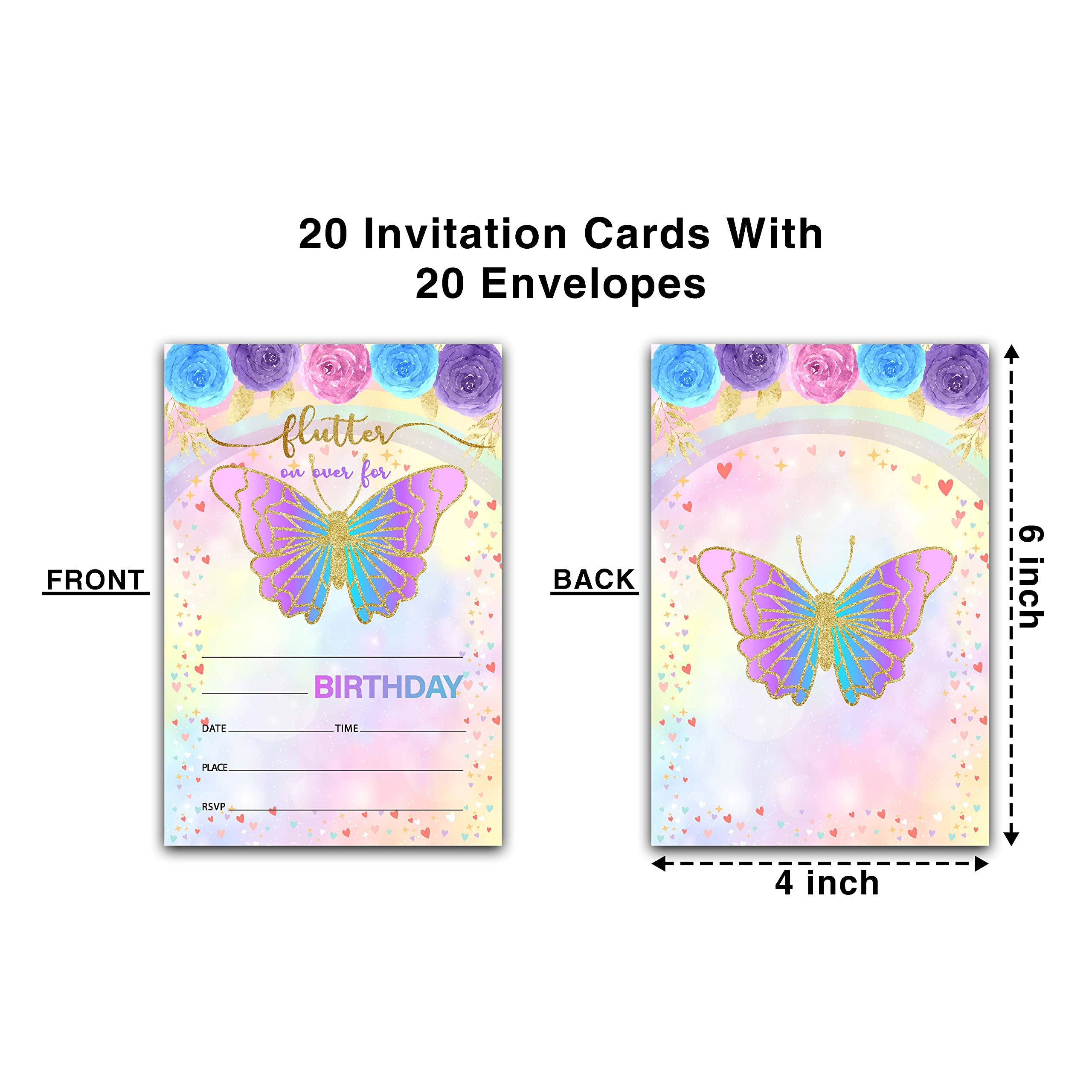 ONDTOM 20-Pack Floral Butterfly Birthday Party Invitation Cards with Envelopes (4x6 Inches) - Cute Birthday Invites for Boys & Girls - Party Decorations Supplies - Perfect for Kids Birthday Parties, Baby Showers & Special Events