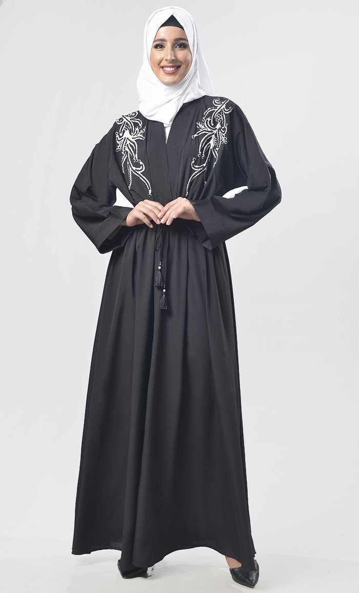 Elegant Black Beaded Abaya with Intricate Dori Embroidery - Perfect for Eid, Weddings & Special Occasions