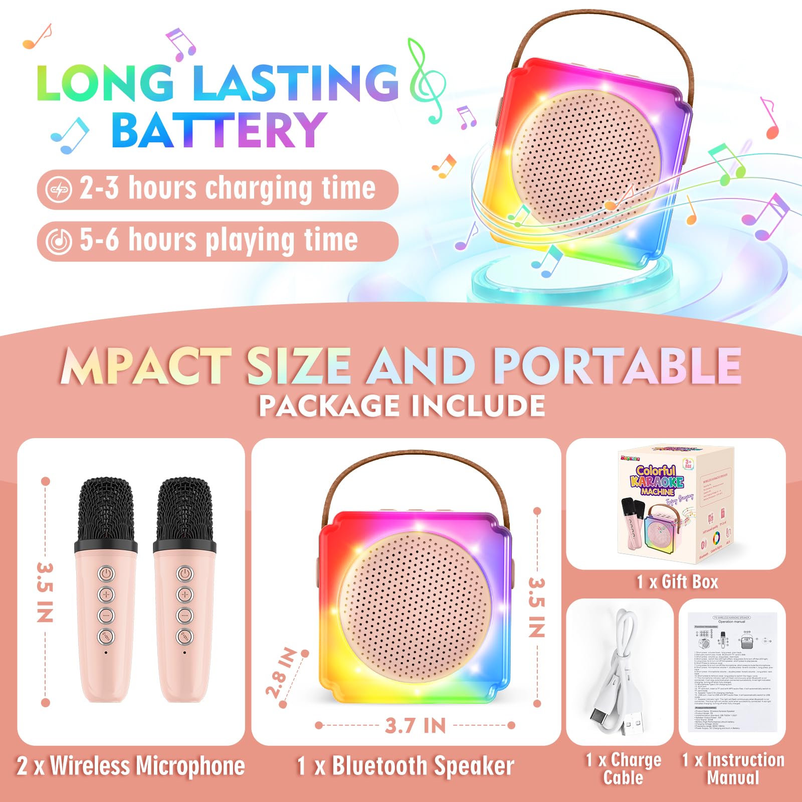 BAYSING Kids Karaoke Machine with Bluetooth Speaker & 2 Wireless Mics - Portable Mini Singing Machine with LED Lights - Best Birthday Christmas Gift for Girls Boys Ages 4-9 - Perfect for Home Parties, Travel & Family Fun