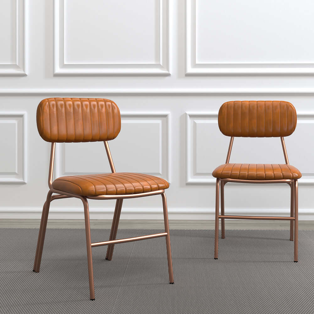 Modern Brown Dining Chairs Set of 2 - Faux Leather Upholstered & Sturdy Metal Frame - Perfect for Kitchen, Dining Room, and Small Spaces