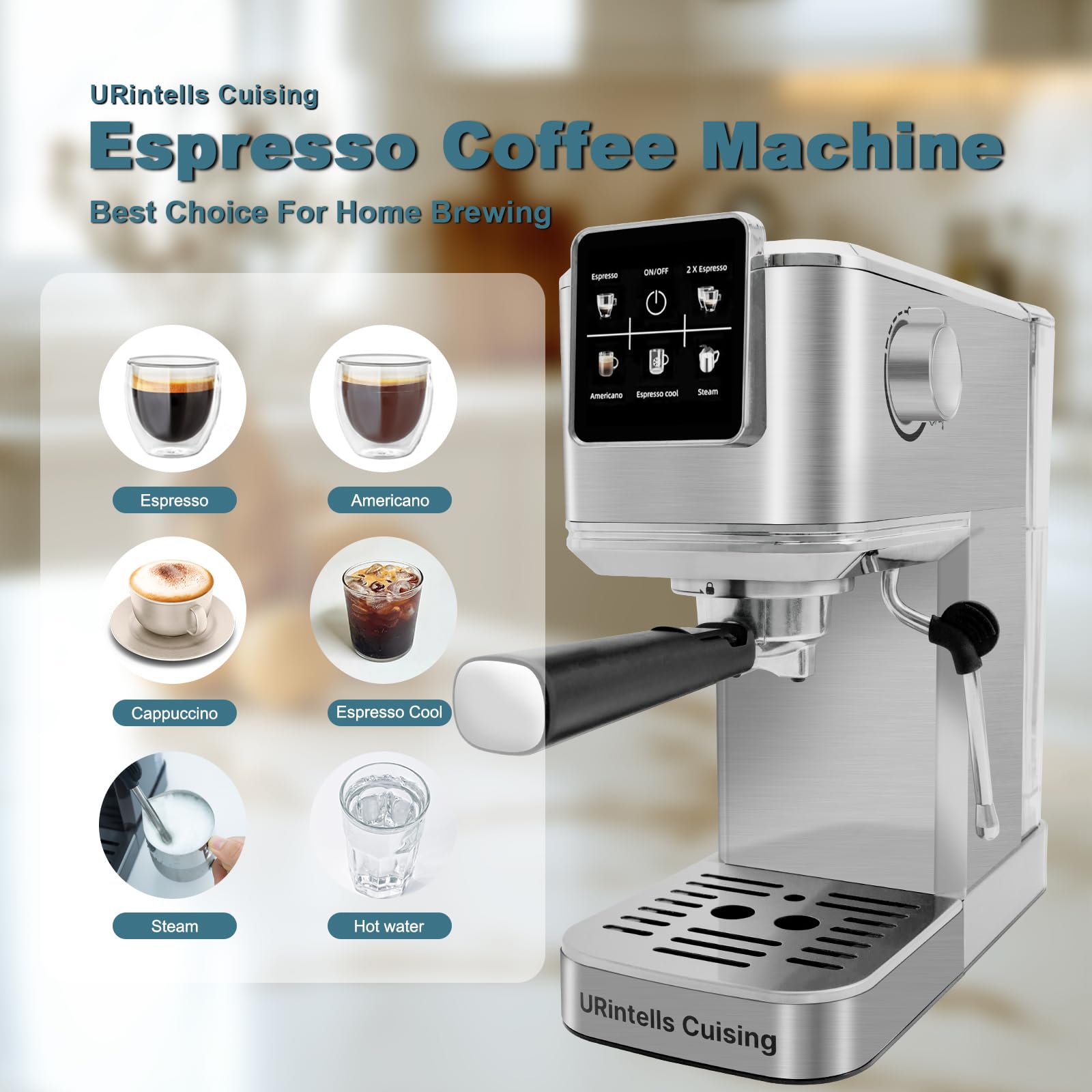 20 Bar Espresso Machine with Touch Screen & Steam Milk Frother - Stainless Steel Coffee Maker for Cappuccino, Latte, Americano & Cold Brew - 1350W Fast Heating System (Silver) - Perfect for Home, Office & Coffee Shop Use