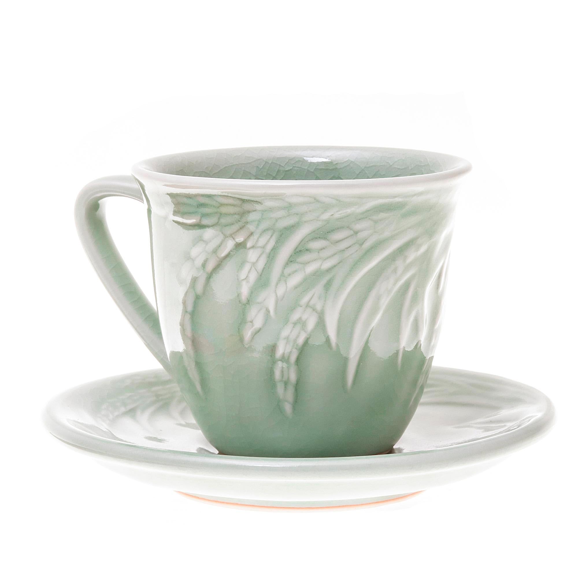 NOVICA Handmade Ceramic Cup and Saucer Set - Celadon Green Tea Cups with Saucers - Thai Artisan Tableware - 8 oz Cups (3.2
