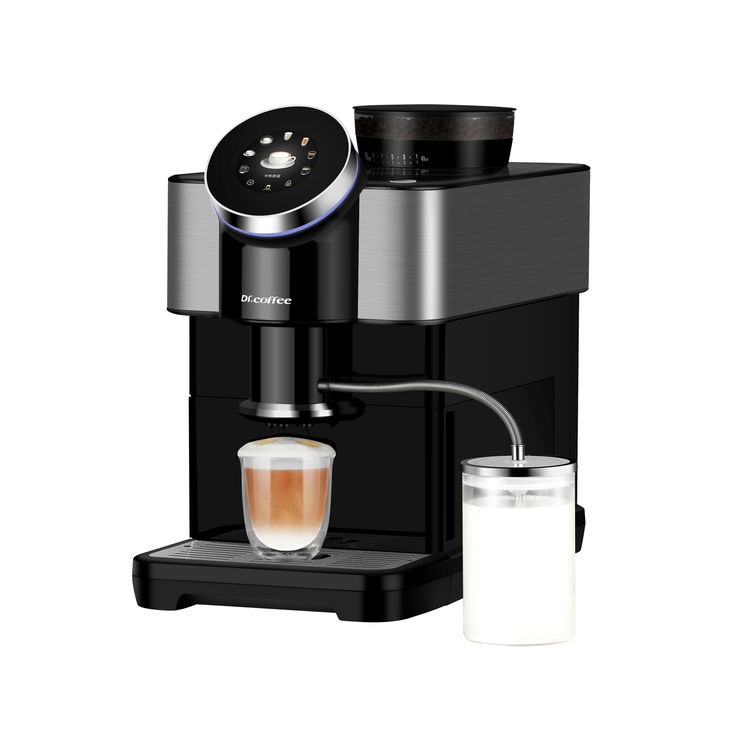 Dr.coffee H2 Fully Automatic Espresso Machine with Milk Frother - Detachable Water Tank & Bean Hopper - Round Touch Screen for Home Use - Onyx Black/Cream White - Perfect for Kitchen, Office & Coffee Shops
