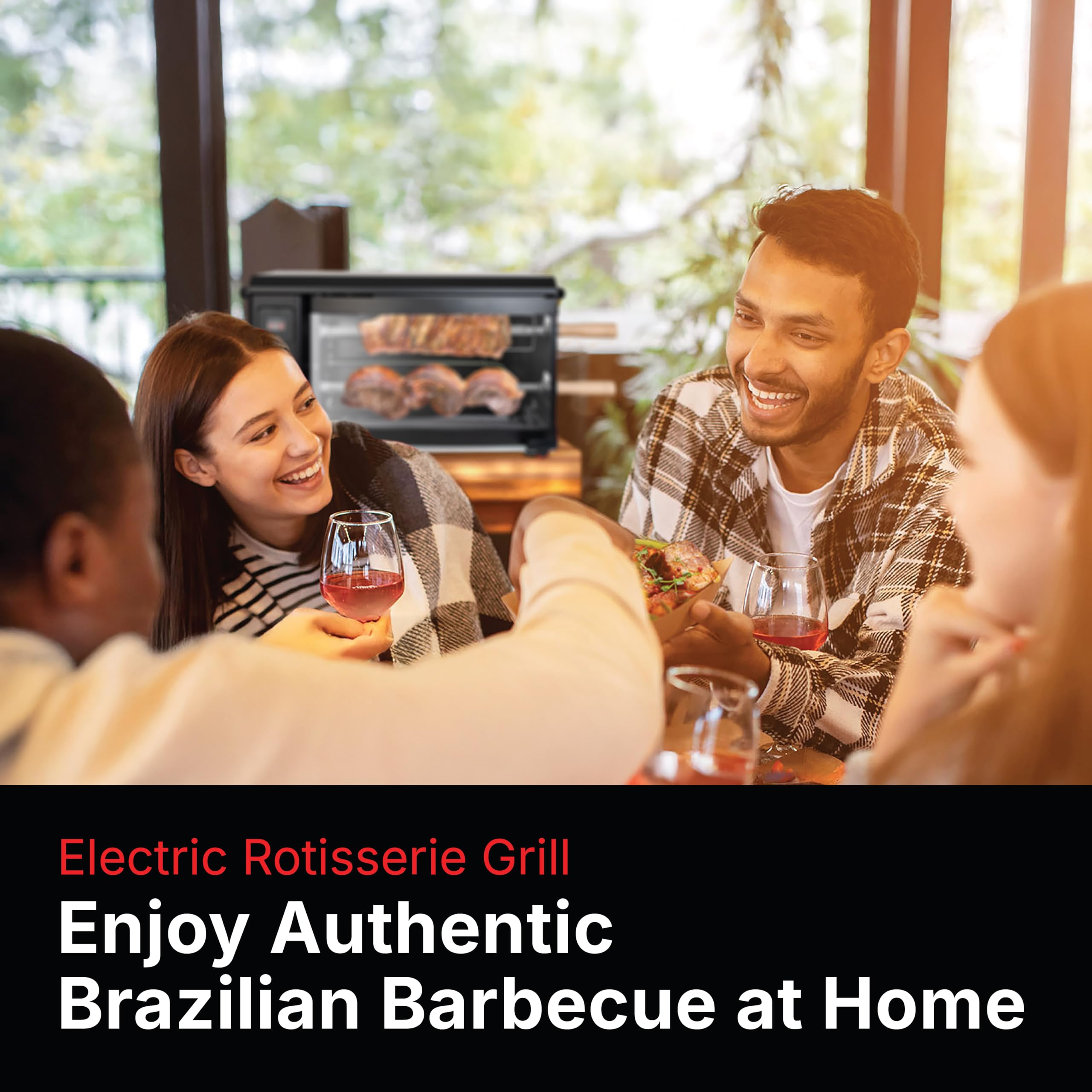 Brazilian Flame Electric Rotisserie Grill - Smoke-Free Indoor BBQ Grill with 2 Auto Rotating Skewers for Chicken, Steak, Fish - Perfect for Apartment Cooking, Brazilian Style BBQ Parties & Family Gatherings