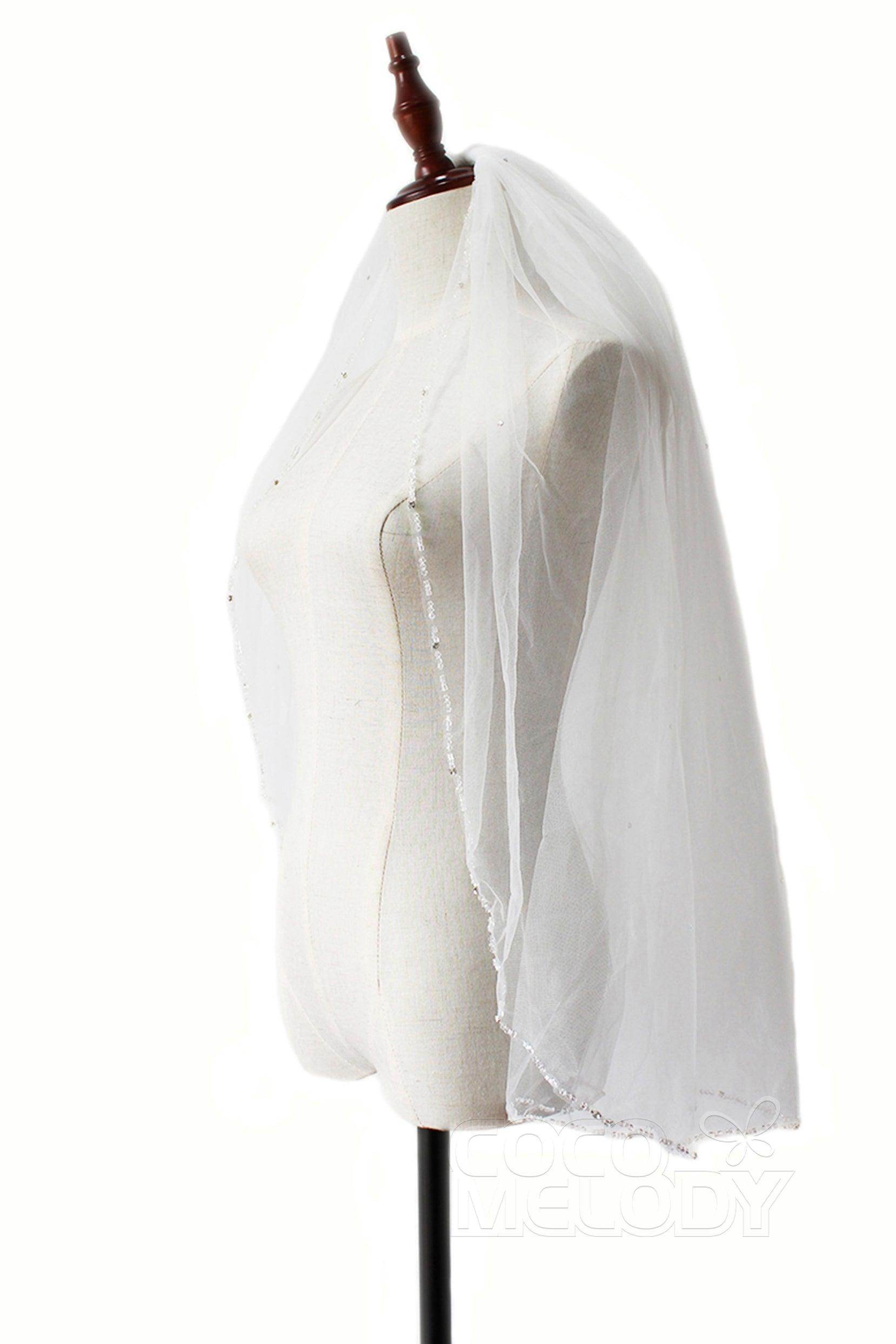 Elegant One-Tier Beaded Edge Tulle Wedding Veil with Delicate Beading - Perfect for Bridal Accessories, Ceremonies & Special Occasions