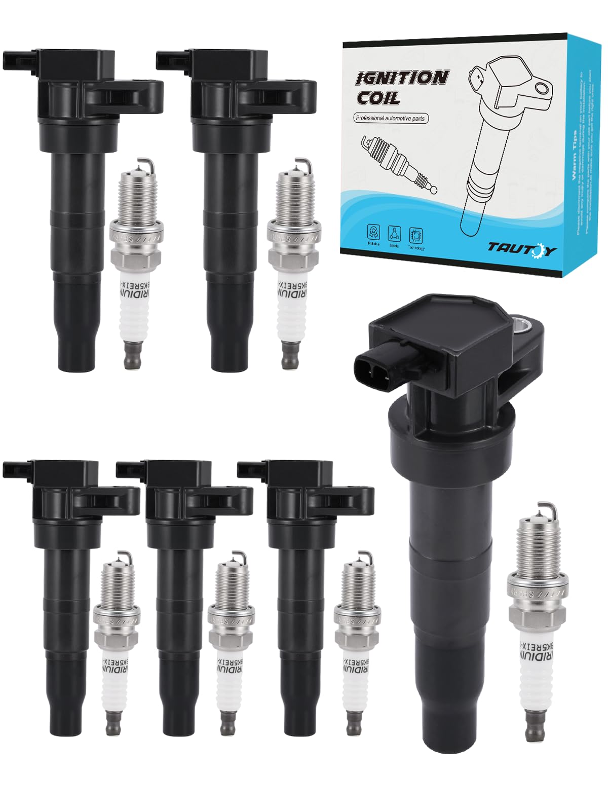 6-Pack UF546 Ignition Coil Pack with Iridium Spark Plugs for Hyundai Azera, Genesis, Santa Fe, Sonata & Kia Optima, Sorento (3.3L 3.8L) - Improve Engine Performance & Fuel Efficiency