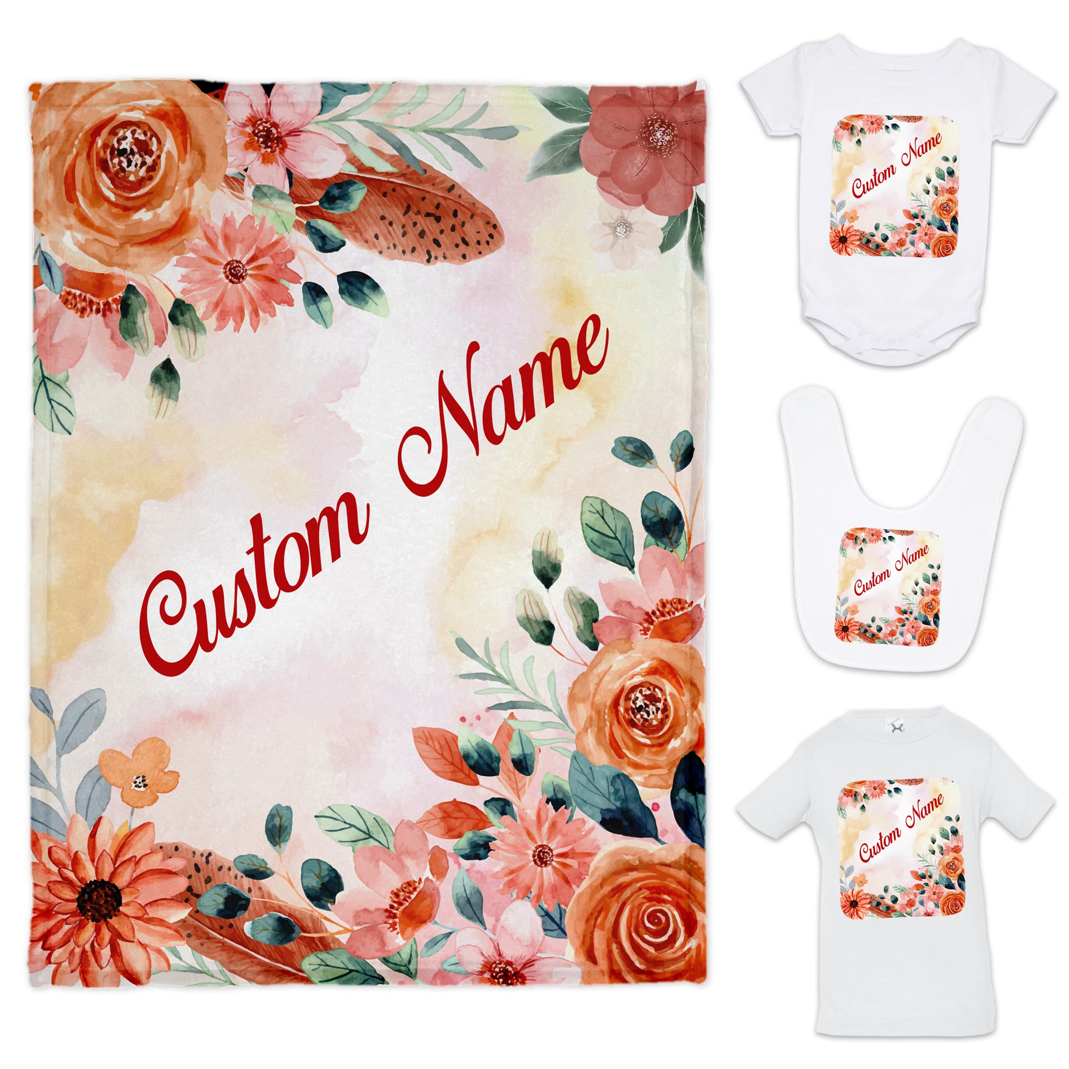 Personalized Baby Blanket with Name - Soft Orange Floral Fleece Blanket for Boys & Girls - Luxury Custom Newborn Swaddle & Throw - 30x40/50x60/60x80 Inch - Perfect for Nursery, Christening & Baby Shower Gifts