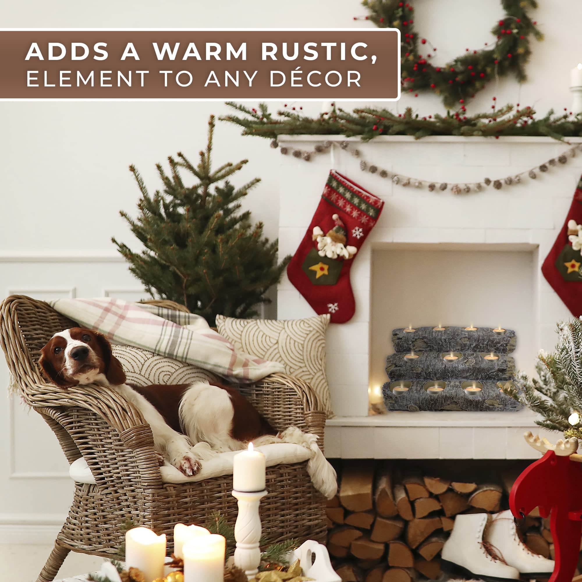 Castaway Faux Fireplace Logs with LED Lights - Realistic Wood Log Candle Holder Set Includes 12 Fireplace Candles - Rustic Home Decor for Living Room, Bedroom, and Cozy Winter Ambiance