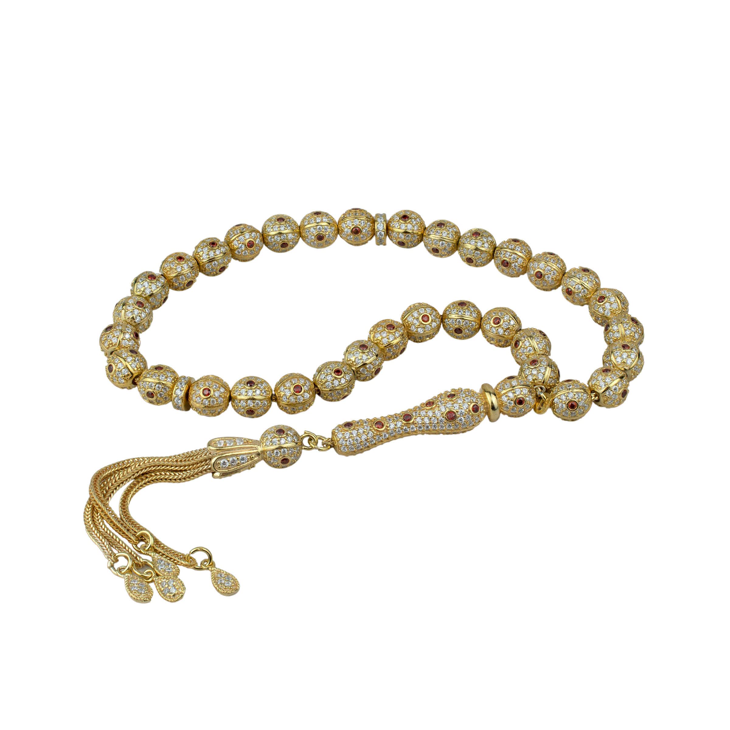 925 Sterling Silver Gold Plated Red Turquoise Green Zirconia Round Beads Prayer Rosary - Islamic Tasbih, Christian Rosary, Buddhist Mala & Worry Beads for Meditation, Stress Relief & Spiritual Practice (Red)