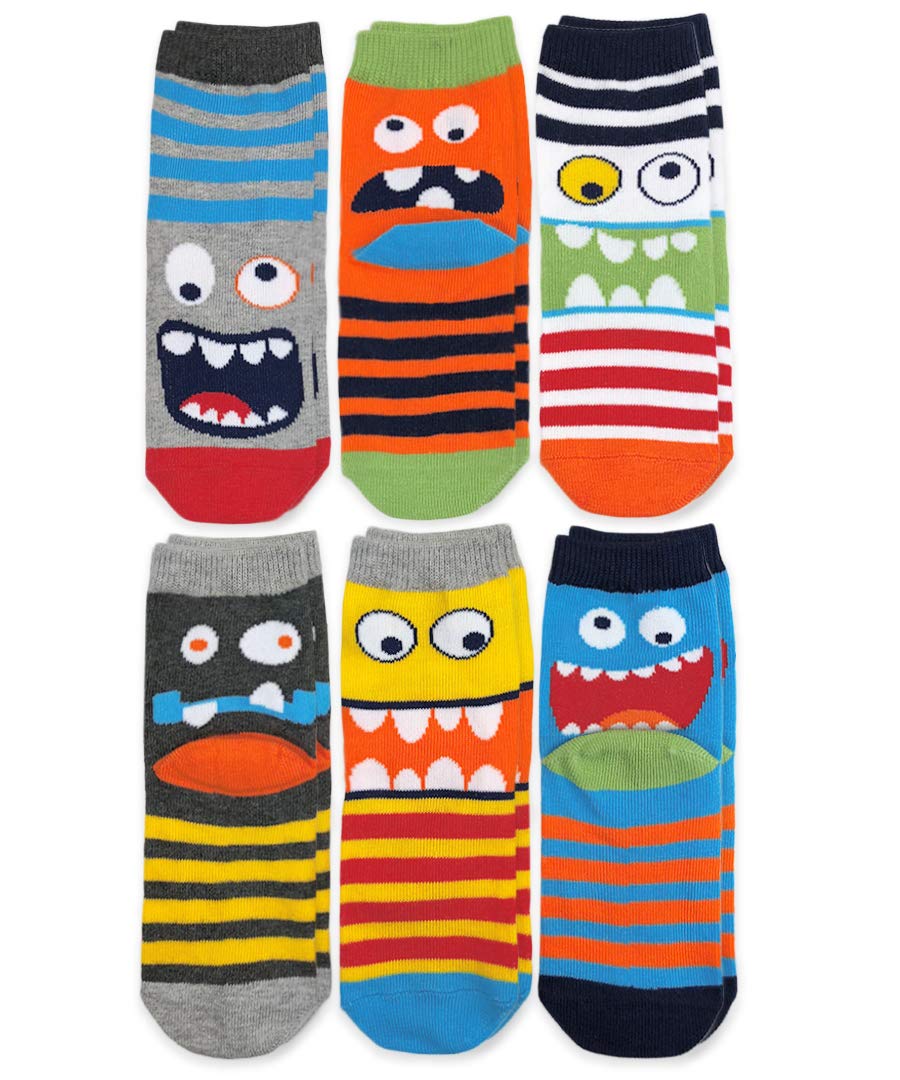 Jefferies Boys' Monster Pattern Crew Socks - 6 Pack of Soft Cotton Socks for Kids, Durable & Comfortable School Socks - Perfect for Everyday Wear, Sports & Playtime