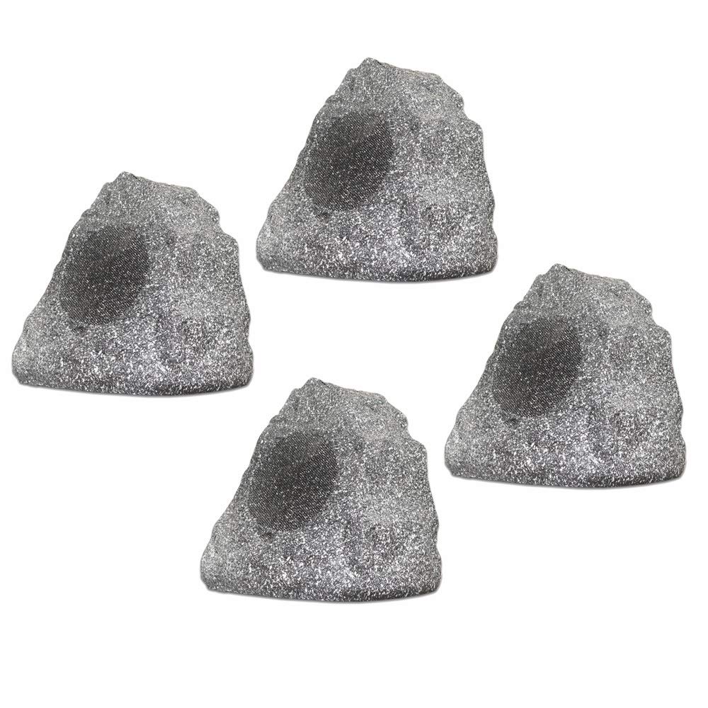 Theater Solutions 4R4G 4-Piece Wired Outdoor Waterproof Granite Rock Speakers - Weatherproof Patio, Garden & Poolside Audio System for Backyard, Deck & Landscape Entertainment