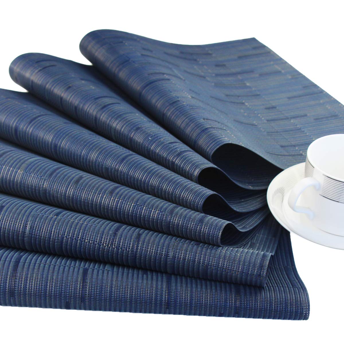 PIGCHCY Washable Durable Woven Vinyl Placemats Set of 6 - Heat Resistant Plastic Table Mats 18x12 Inches for Dining Table, Kitchen & Outdoor Use (Midnight Blue)