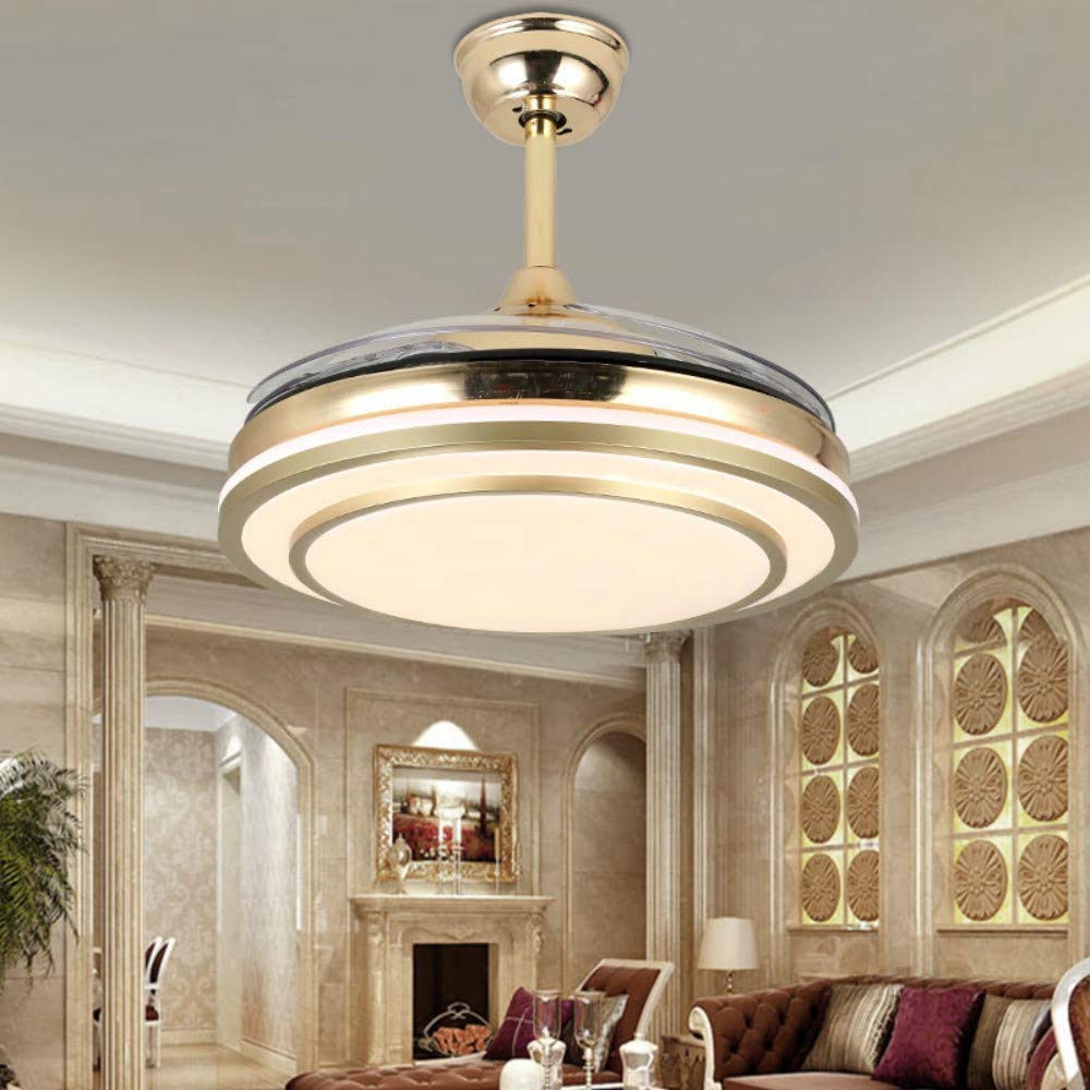 42 Inch Invisible Ceiling Fan with Remote Control - 3 Color Changing LED Lights, Reversible Blades, Modern Smart Chandelier Fan for Living Room, Bedroom, Office - Gold Finish | Perfect for Home Cooling & Stylish Lighting