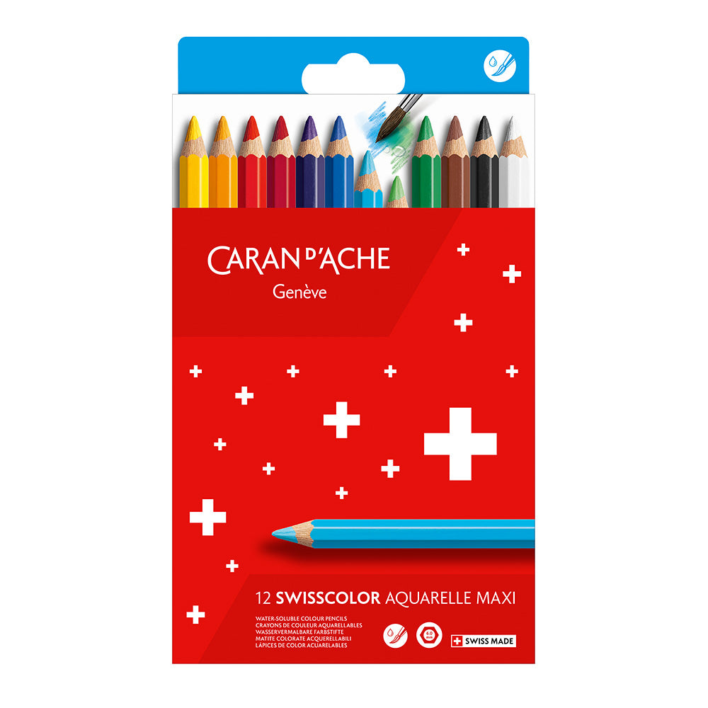 Premium Caran d'Ache Swisscolor Maxi Colored Pencils - 12 Vibrant Assorted Colors Set for Artists, Students & Professionals - Perfect for Sketching, Coloring Books & Fine Art Projects