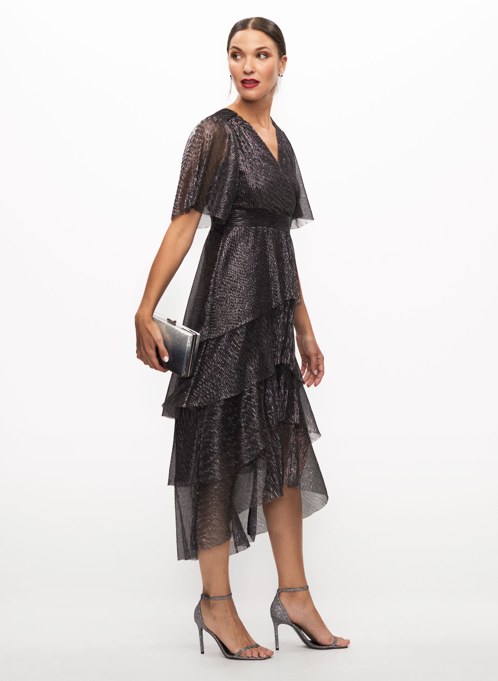 Elegant Asymmetric Tiered Metallic Party Dress for Women - Perfect for Evening Events, Prom & Special Occasions
