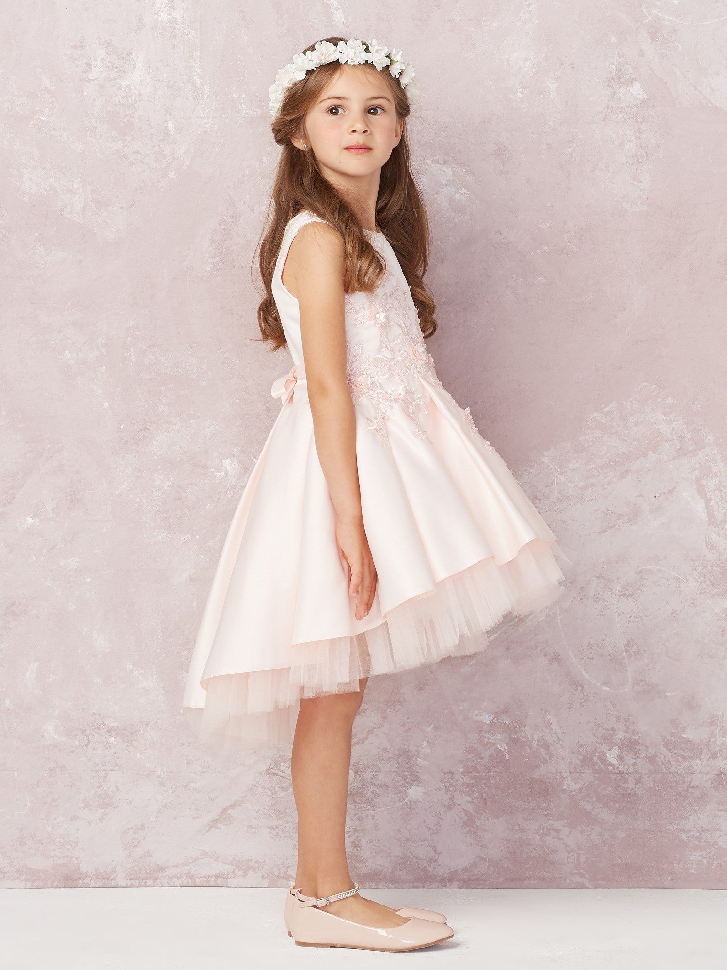 Big Girls Blush Pink Hi-Low Lace Tulle Junior Bridesmaid Dress - Sizes 8-16 | Perfect for Weddings, Prom & Special Occasions