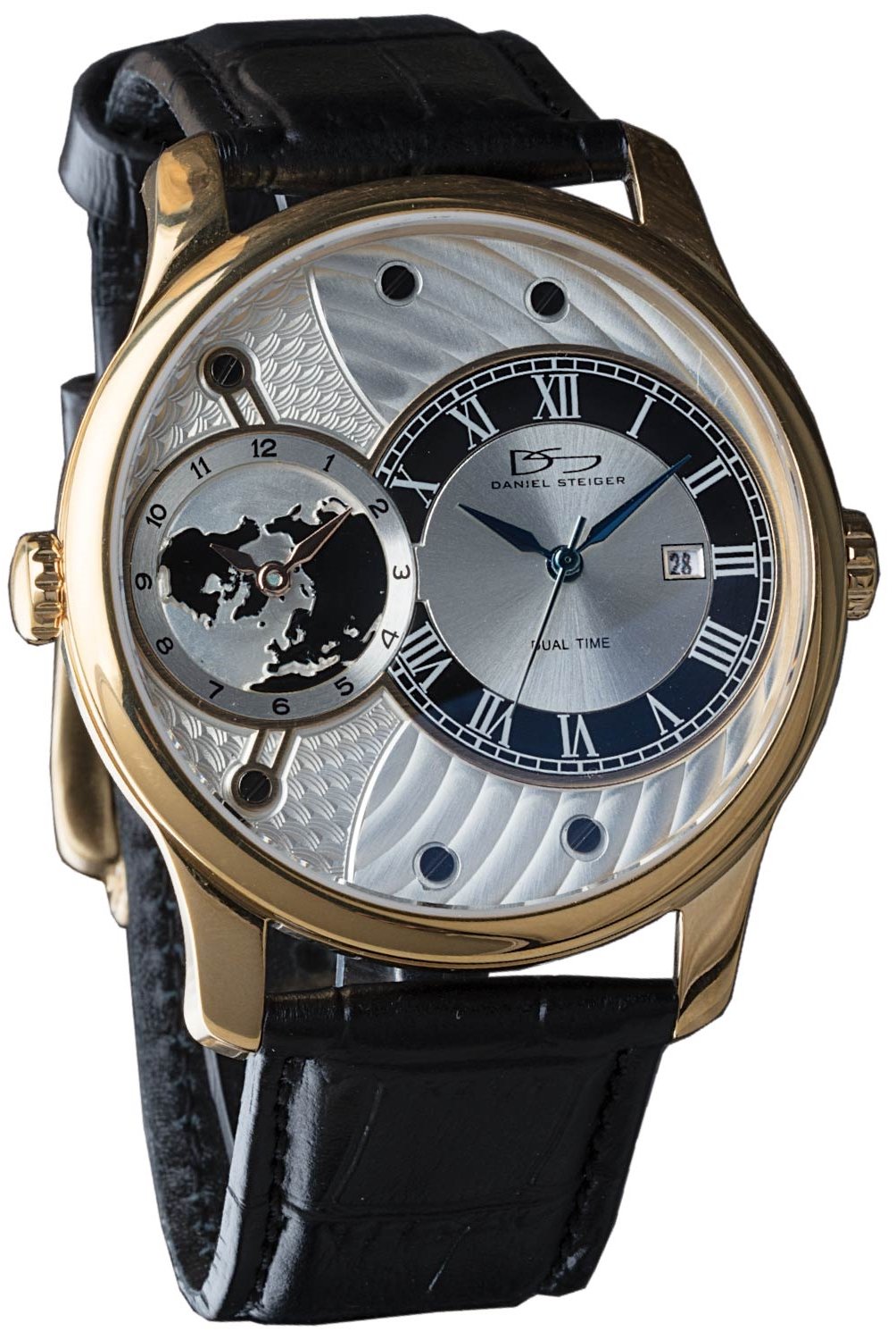 Daniel Steiger Apollo Black Men's Watch - Dual Time Quartz Movement with Date Display - Black Genuine Leather Band - 18k Gold Plated Stainless Steel Case - Perfect for Business, Travel & Formal Occasions