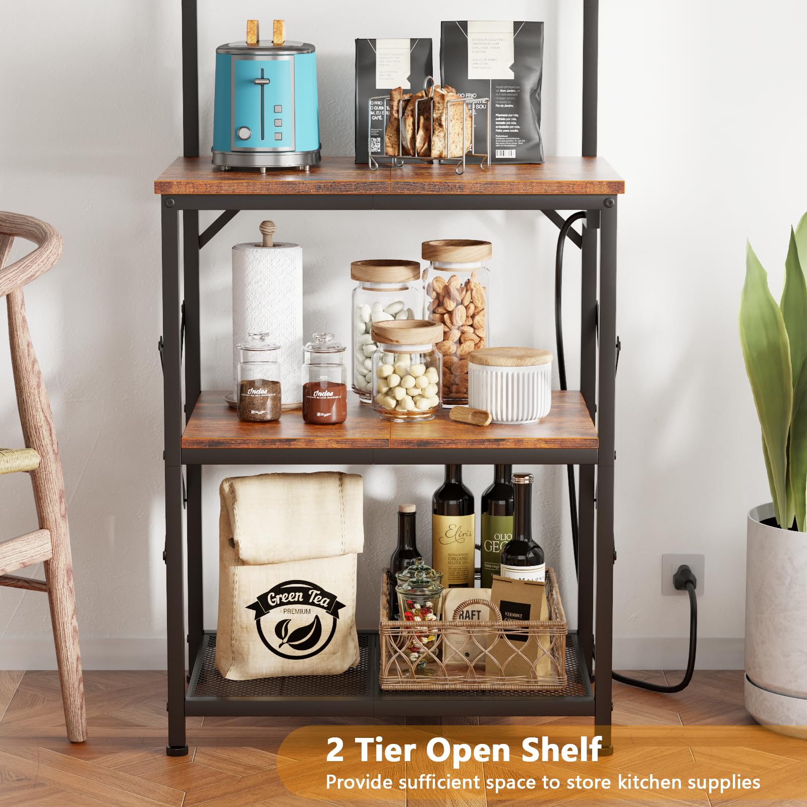 Furologee 4-Tier Bakers Rack with Power Outlet & LED Lights - Rustic Brown Kitchen Storage Shelf for Microwave, Coffee Bar, Spices & Pots - Perfect for Small Kitchens, Apartments & Coffee Stations