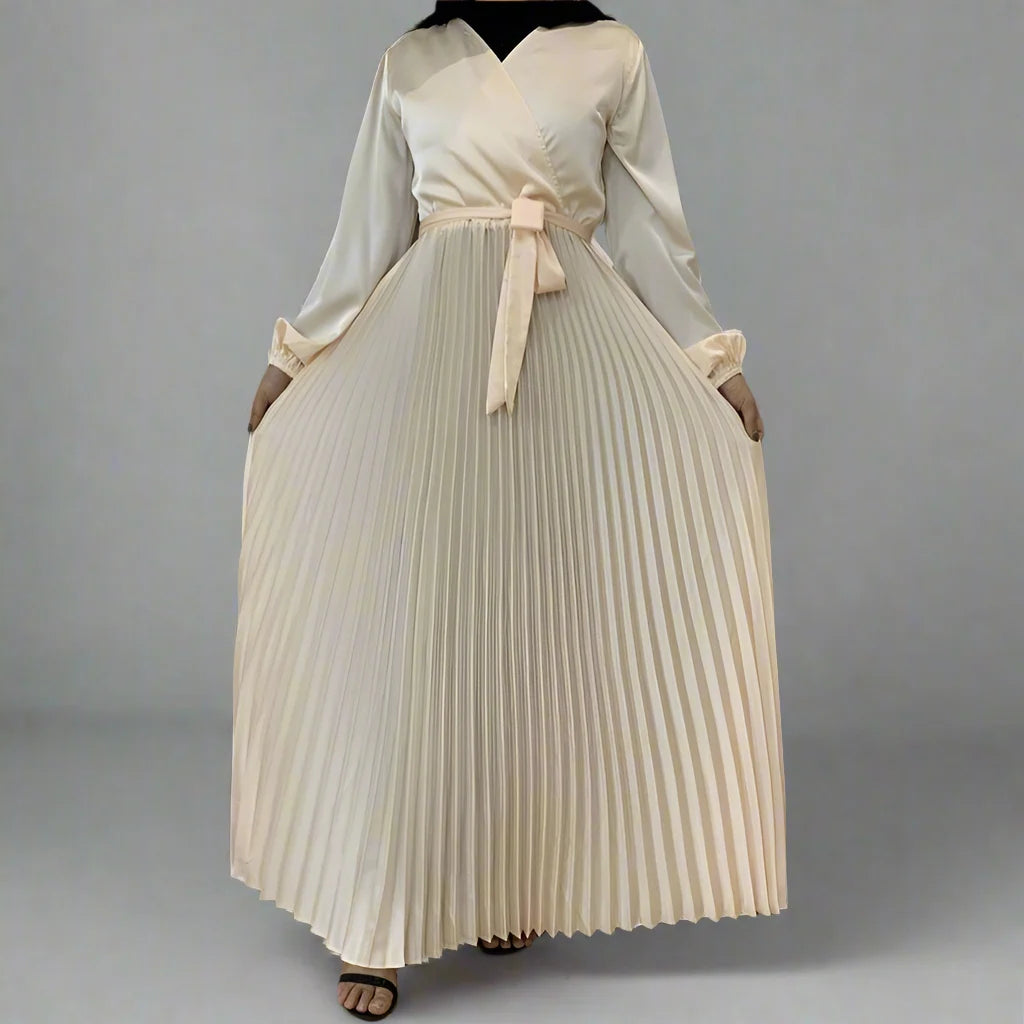 Elegant Muslim Pleated Satin Abaya Dress for Women - Modest Islamic Prayer Dress for Mosque & Special Occasions