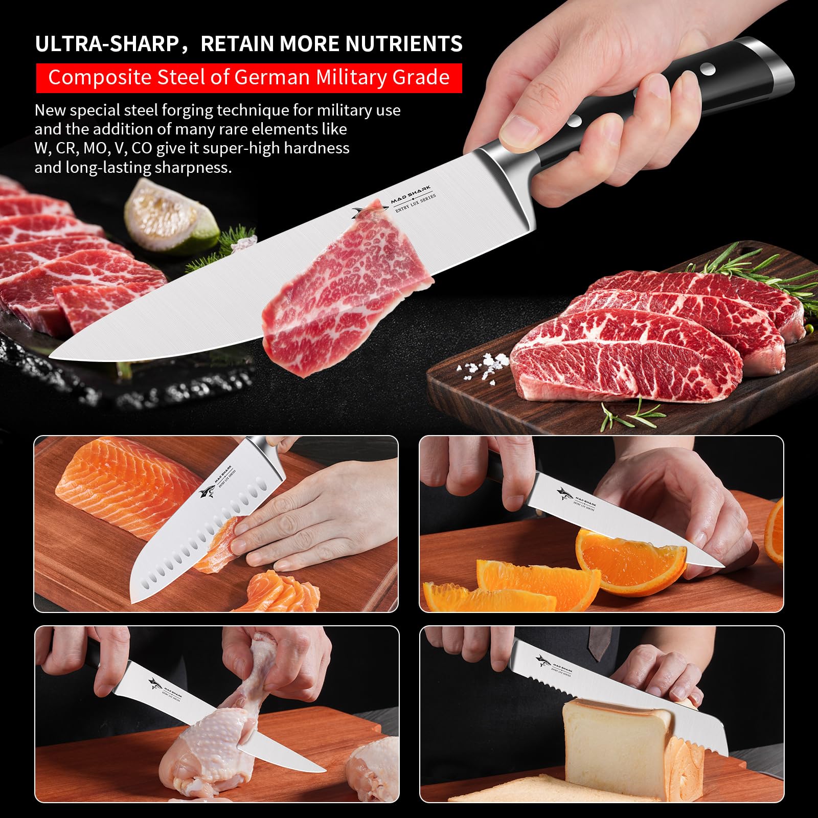 Professional MAD SHARK 5-Piece German High Carbon Stainless Steel Kitchen Knife Set - Ultra Sharp Chef Knives with Ergonomic Handle for Home Cooking, Perfect Gift for Chefs | Ideal for Slicing, Dicing, and Food Prep