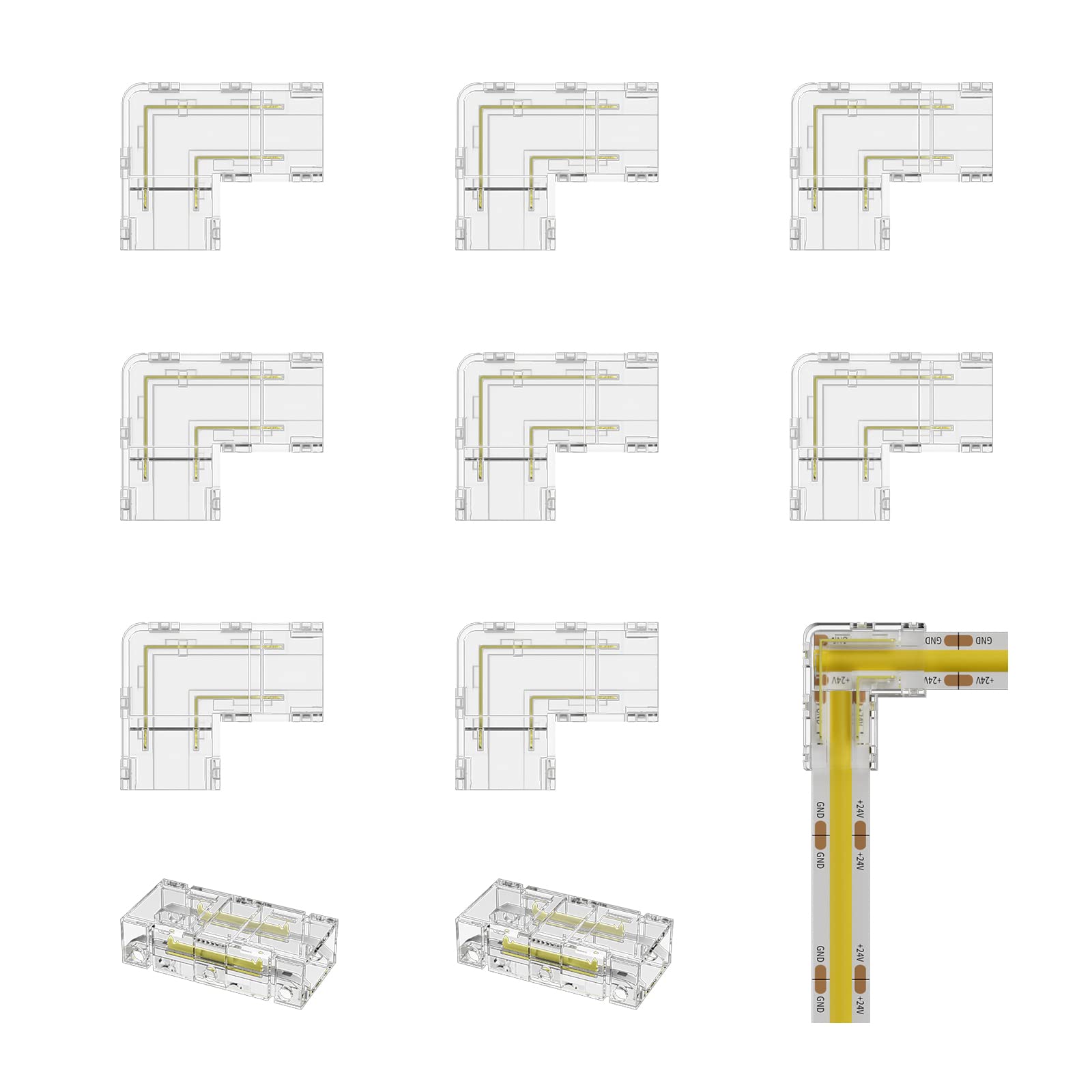 PAUTIX 8mm COB Connector - 8pcs L-Shaped Corner Connectors & 2pcs Transparent Gapless Connectors for 2-Pin LED Strip Lights - Solderless Terminal Extension - Perfect for Home Lighting, Cabinet LED, and DIY Projects