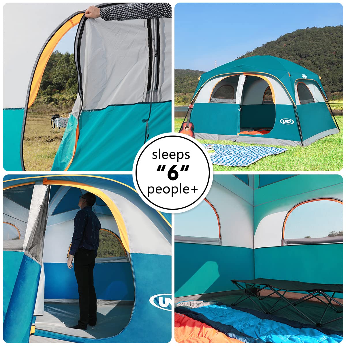 UNP 6-Person Waterproof Windproof Double Layer Family Camping Tent - Easy Setup, 1 Mesh Door & 5 Large Mesh Windows, 10'X9'X78in - Perfect for Backpacking, Hiking, and Outdoor Adventures