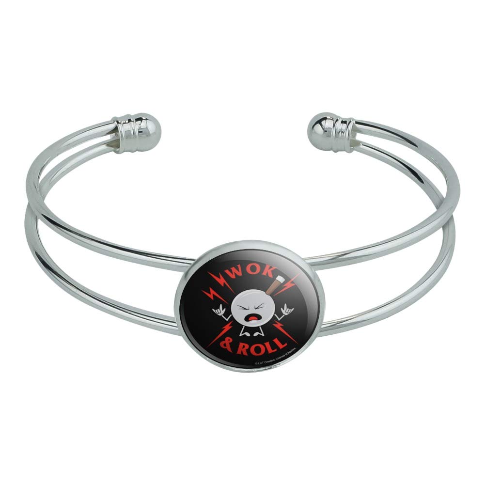 GRAPHICS & MORE Wok and Roll Rock Funny Humor Novelty Silver Plated Metal Cuff Bangle Bracelet - Unique Gift for Music Lovers & Kitchen Enthusiasts - Perfect for Concerts, Cooking Parties & Everyday Wear