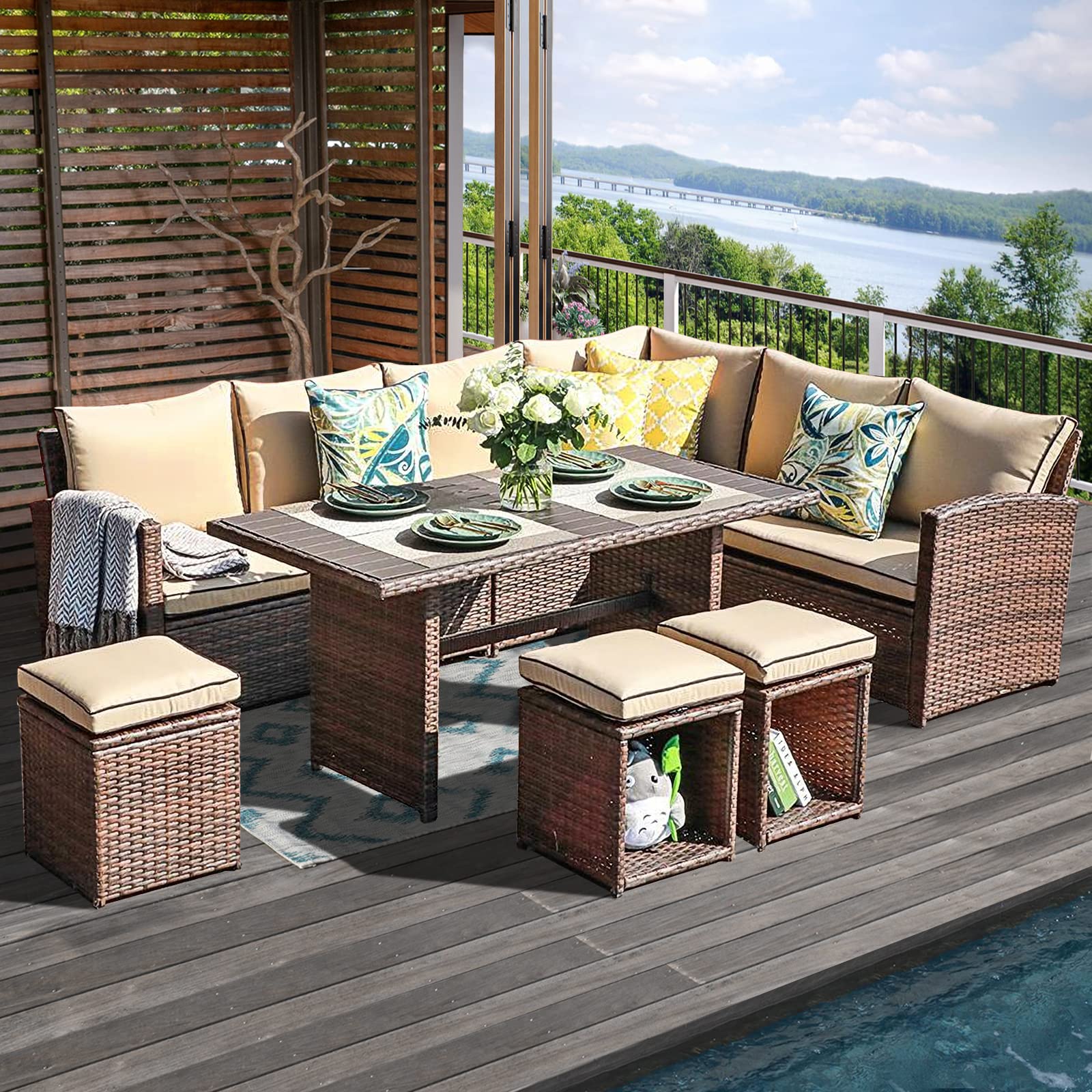 COBANA 7-Piece All-Weather Wicker Patio Furniture Set - Outdoor Sectional Sofa with Dining Table & Chairs, Beige - Perfect for Backyard, Garden & Poolside Relaxation