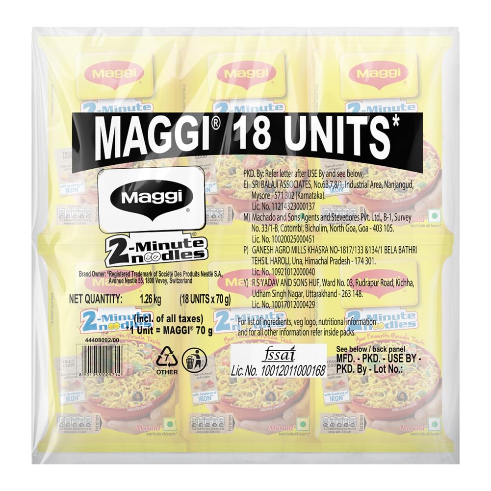 MAGGI 2-Minute Instant Masala Noodles - Iron Enriched, Premium Spices, Authentic Indian Flavor - 70g x 18 Pack (1.26kg) - Perfect for Quick Meals, Office Lunches & Late-Night Snacks