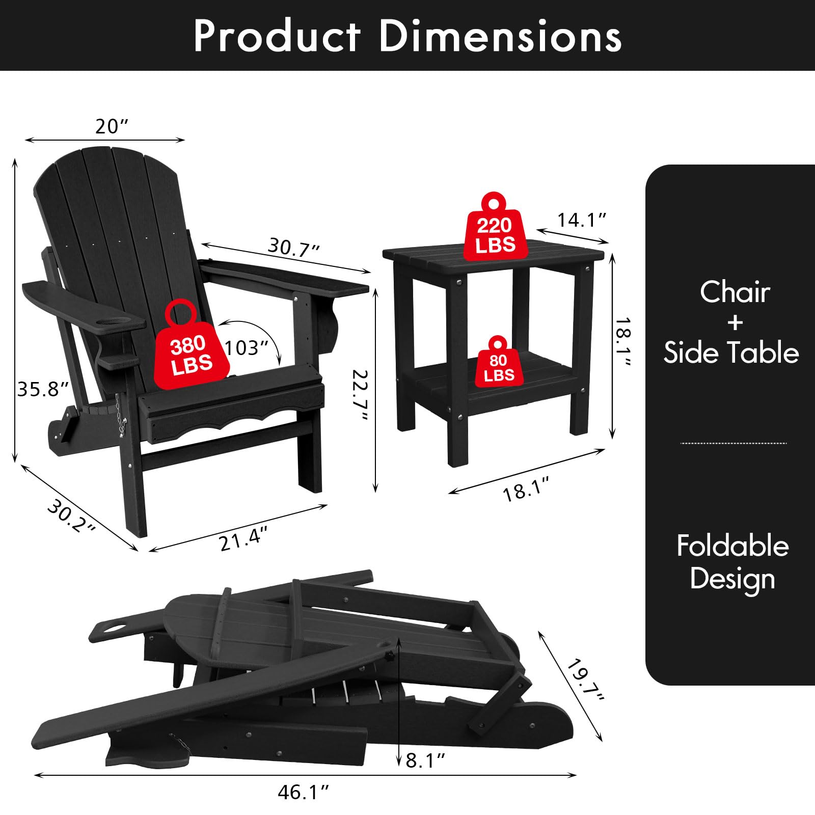 **Folding Adirondack Chair with Side Table - All-Weather Resistant Outdoor Patio Furniture for Backyard, Fire Pit, Garden & Poolside Relaxation**