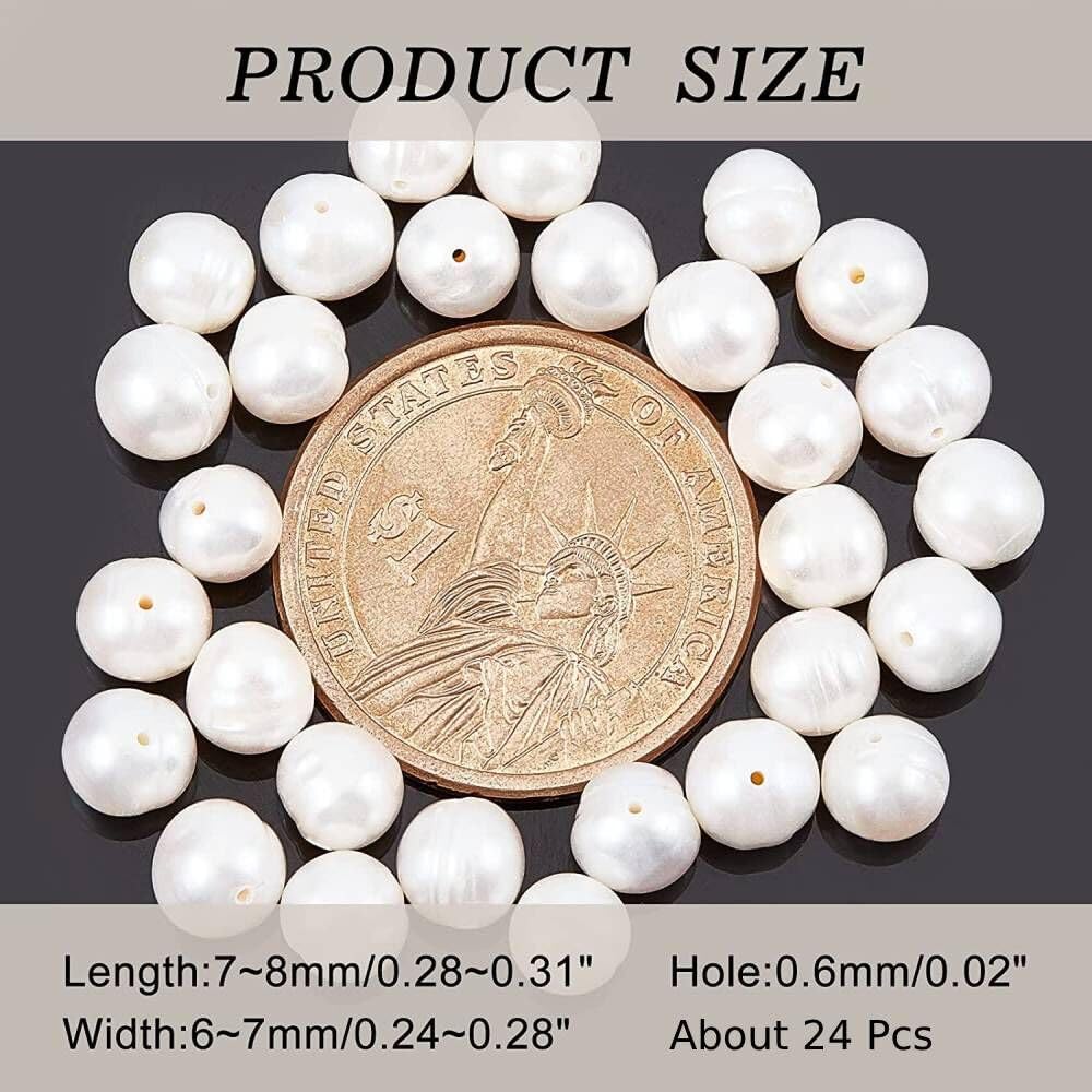24Pcs Natural Cultured Freshwater Pearl Beads - Antique White Round Loose Pearls for Jewelry Making (0.6mm Hole) | DIY Necklace, Bracelet & Craft Projects
