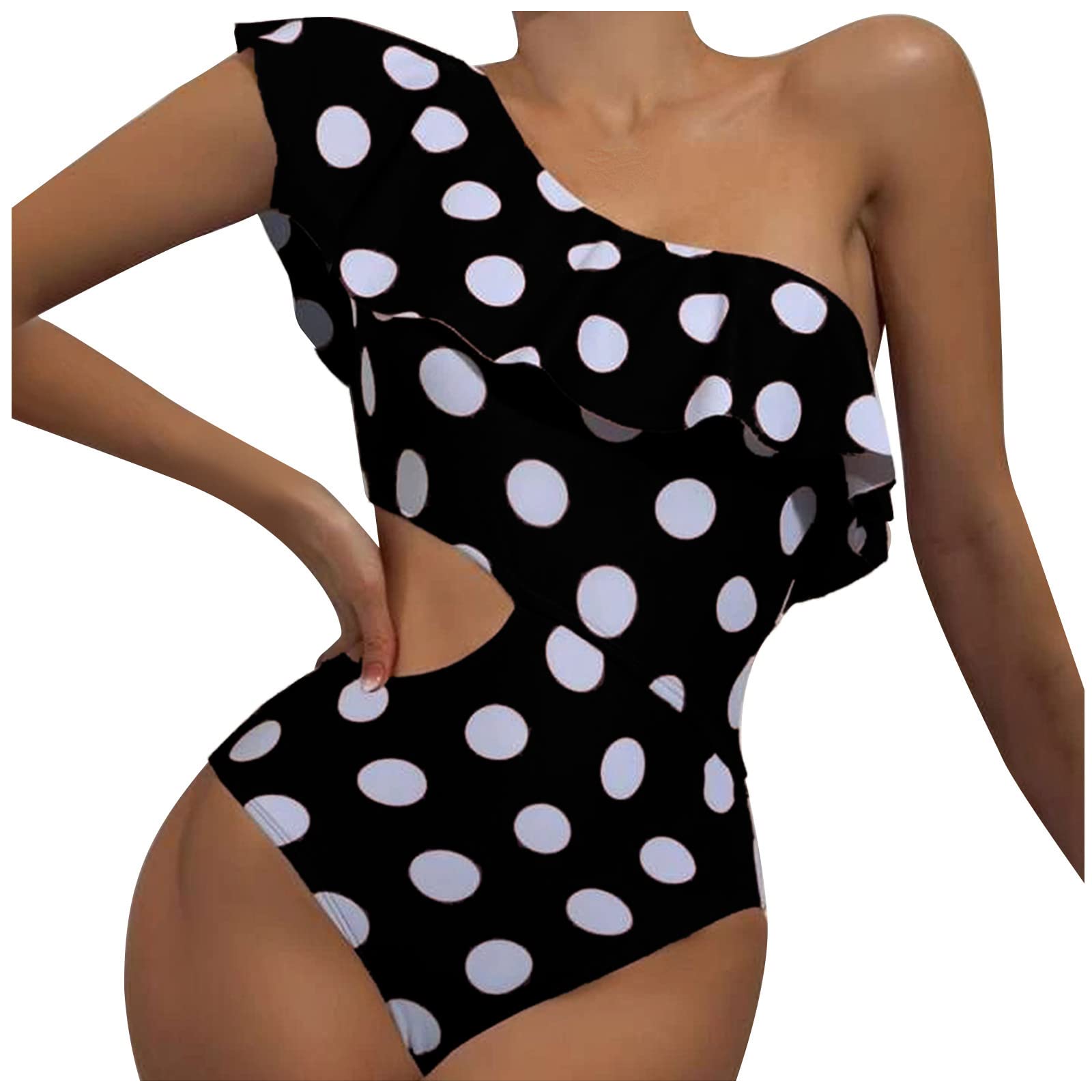 Sexy Women's Polka Dot One Shoulder Swimsuit with Ruffled Bikini Top - Casual One-Piece Bathing Suit for Beach, Pool Party & Summer Vacation