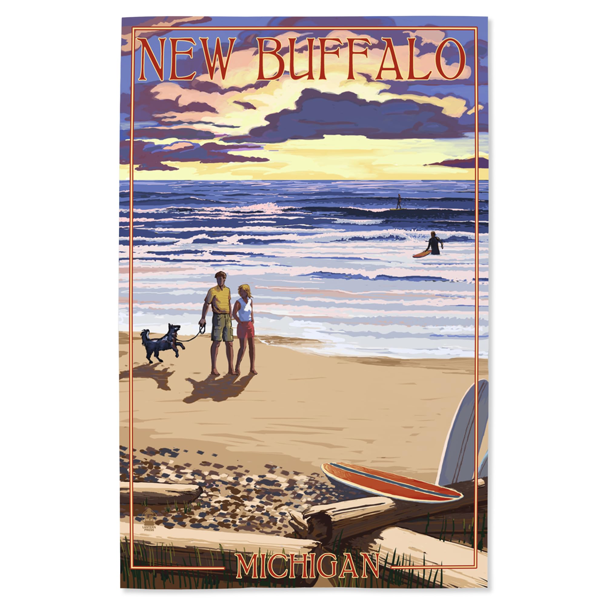 Lantern Press 16x24 Inch Giclee Print - New Buffalo Michigan Sunset Beach Art with Surfboards | Wall Decor for Living Room, Bedroom & Office