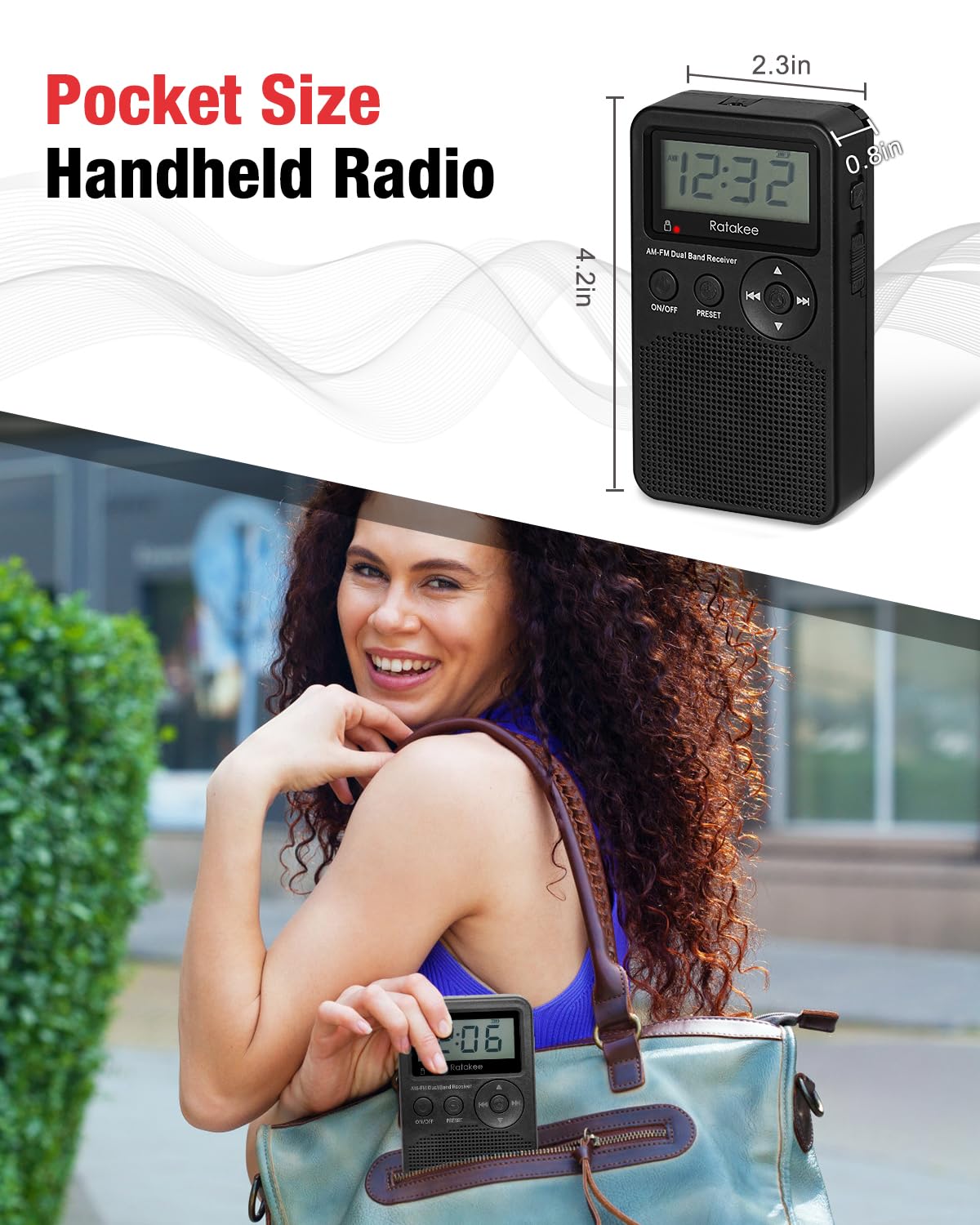 Portable AM/FM Radio with Digital Clock - Battery Operated, Preset Stations, Sleep Timer & Backup - Perfect for Outdoor Activities, Camping, Hiking, Fishing, Jogging & Emergency Use - Compact Handheld Size (Black) - Powered by 3 AA Batteries
