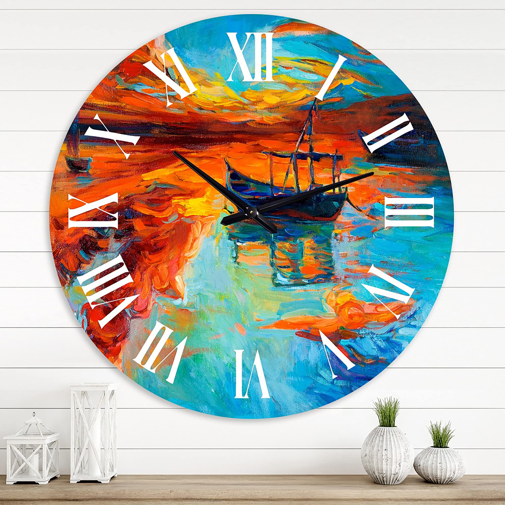 DesignQ Nautical Coastal Wall Clock - Boat Sunset Lake Scene Round Clock for Home Office Decor | Perfect for Beach House, Living Room & Coastal Style Interiors