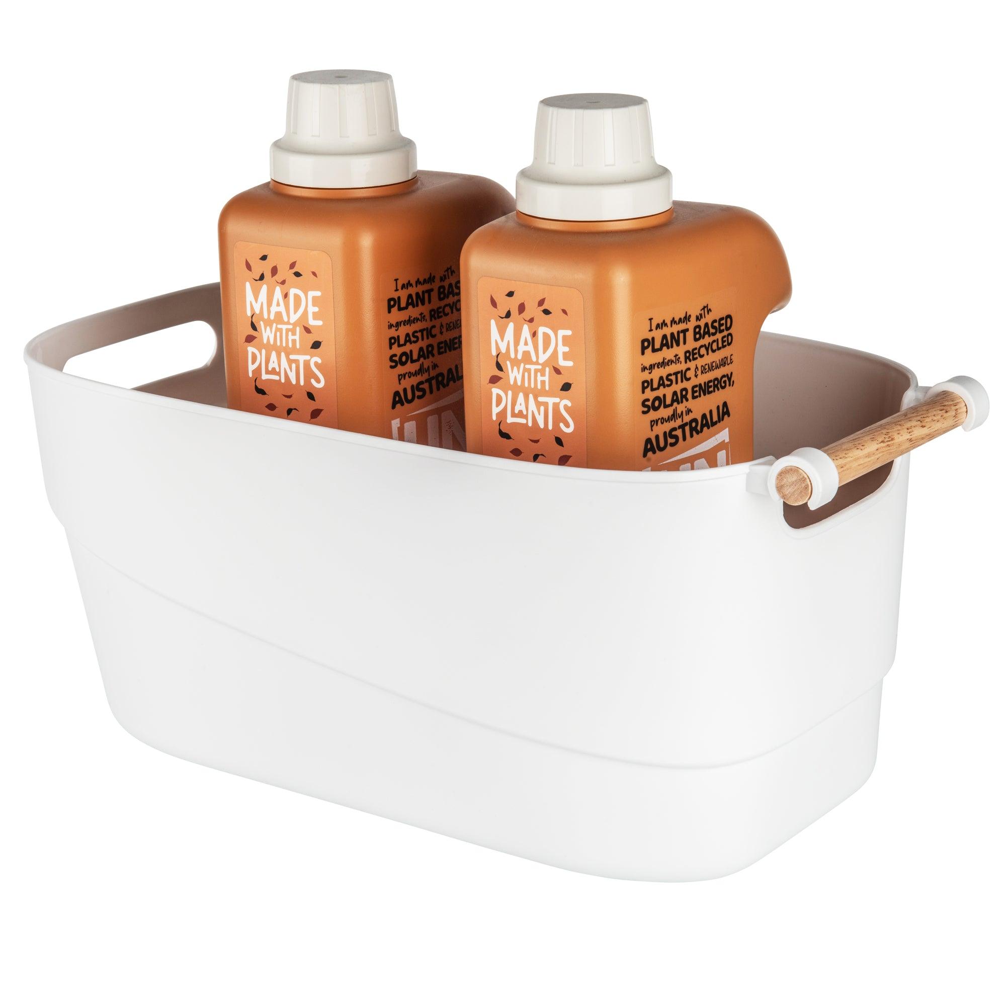 Large White Storage Tub with Wooden Handle - Durable Plastic Organizer Bin for Home, Office & Garage Organization - Perfect for Toys, Clothes, and Seasonal Storage