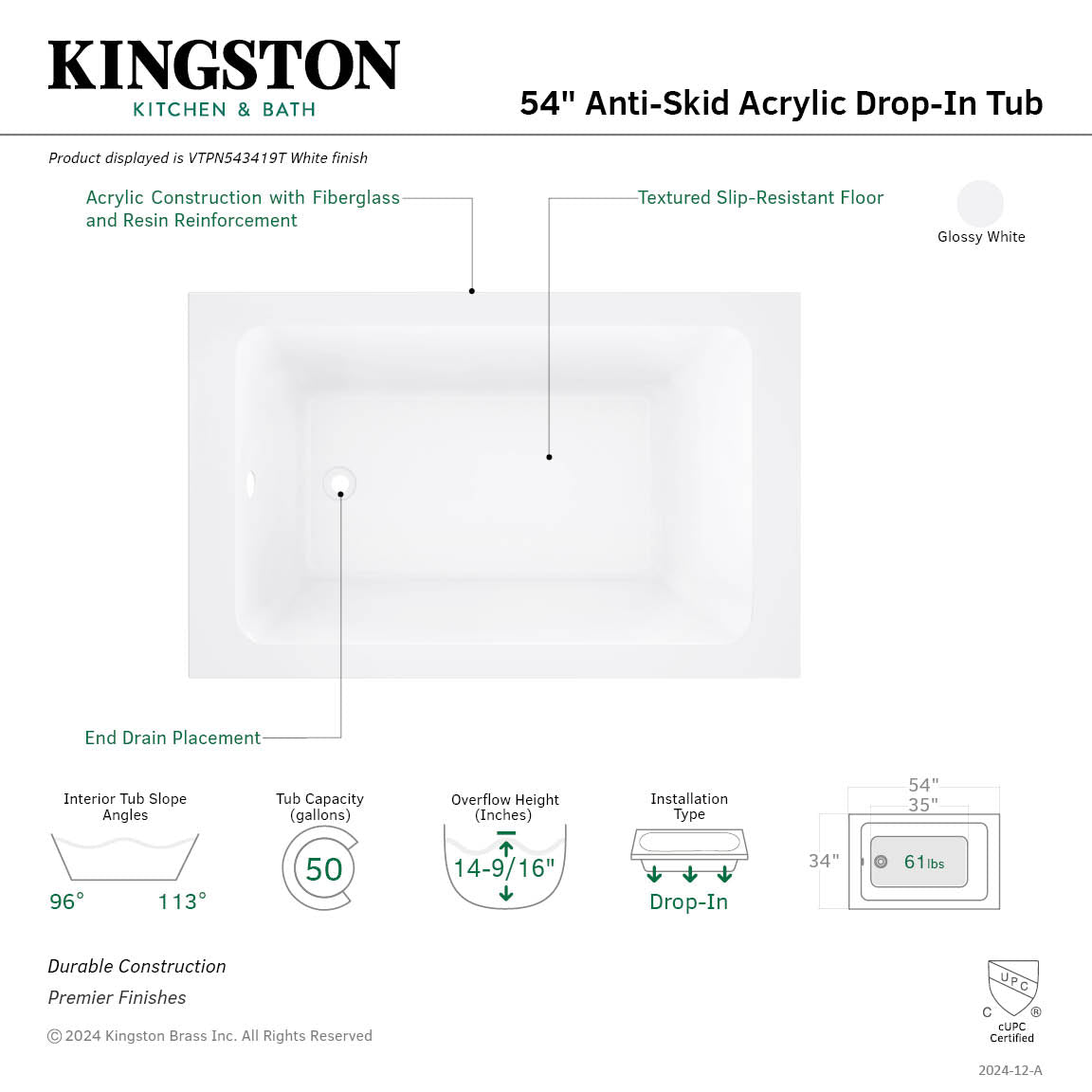 Aqua Eden 54 Inch Acrylic Rectangular Drop-In Bathtub with Anti-Slip Surface - Glossy White Freestanding Soaking Tub for Modern Bathroom & Spa Relaxation
