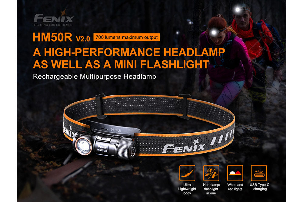 Fenix HM50R V2.0 Rechargeable LED Headlamp - 700 Lumens Bright Light, IP68 Waterproof, Lightweight Headlight for Camping, Hiking, Running & Outdoor Adventures