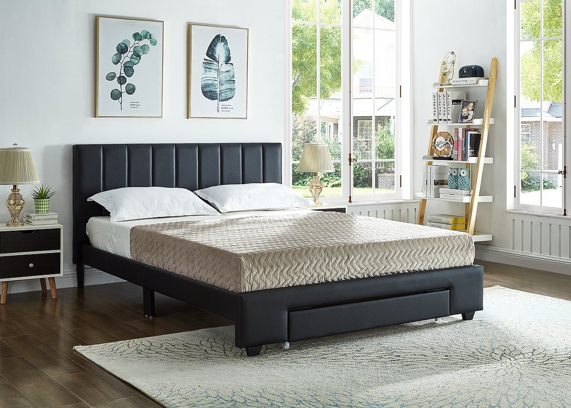 Luxury Black Leatherette Upholstered Bed Frame with Padded Headboard & Underbed Storage Drawers - Queen Size Platform Bed for Modern Bedroom, Guest Room or Apartment