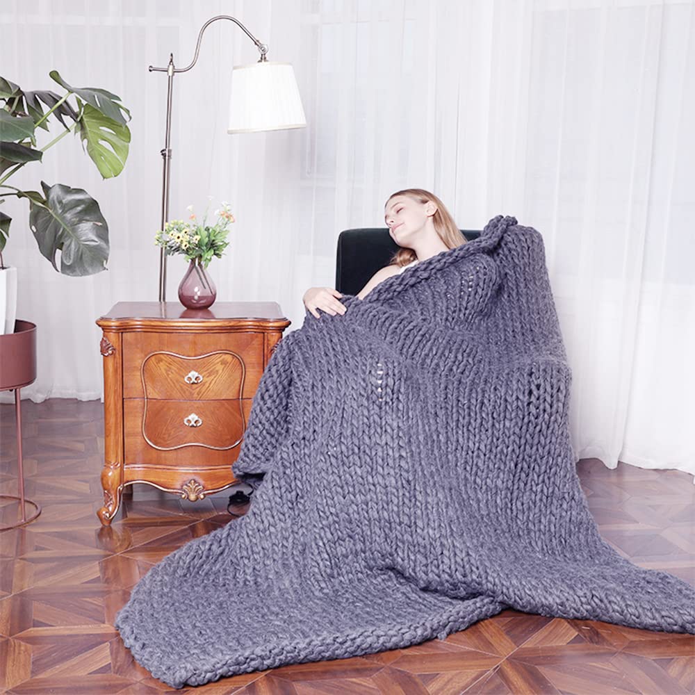Handmade Chunky Knit Throw Blanket 1.3x1.7m Dark Grey - Cozy Warm Knitted Blanket for Sofa, Bed & Winter Nights