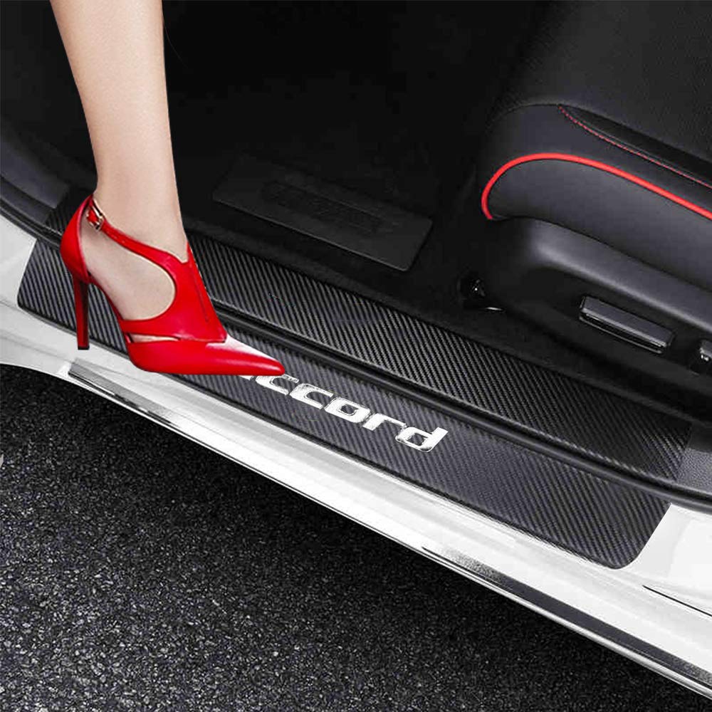 XITER Carbon Fiber Leather Car Door Sill Scuff Plate Guard for Honda Accord 2012-2024 - 4PCS Silver Trim Protector | Auto Accessories for Door Entry Protection & Style Upgrade